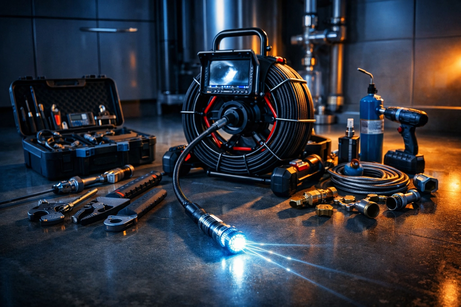 Advanced professional drain cleaning services tools for diagnosing deep pipe clogs and blockages.