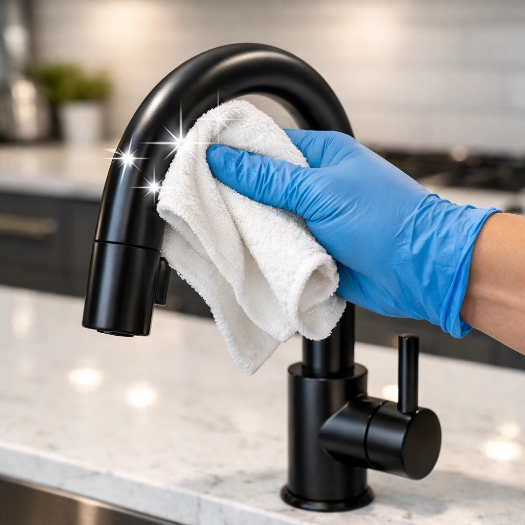 Professional make-ready cleaning of a modern kitchen faucet to reduce apartment vacancy time.