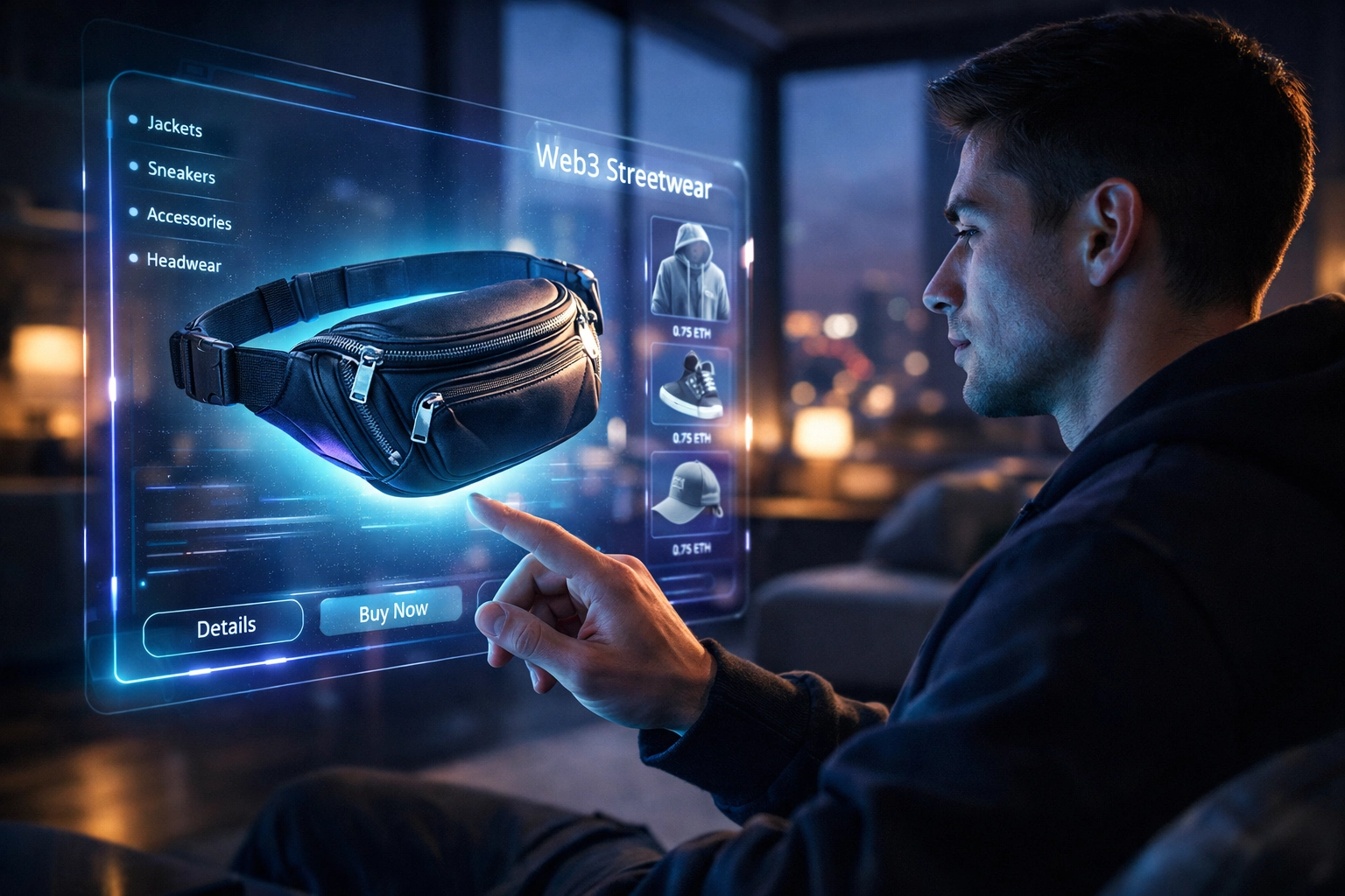 User interacting with a glowing digital display for AI-driven Web3 payments and metaverse shopping with Larecoin.ai.