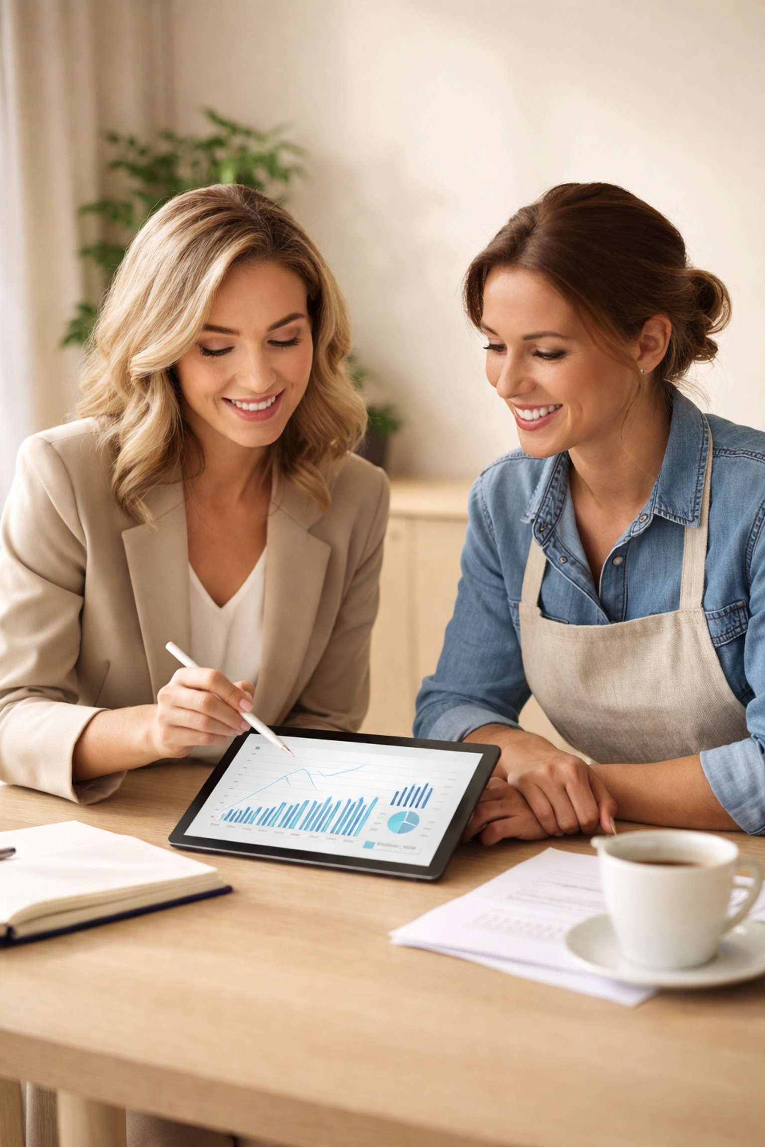 Business consultant and small business owner collaboratively reviewing financial charts for self-employed bookkeeping strategy-Do you need a bookkeeper for self-employed work