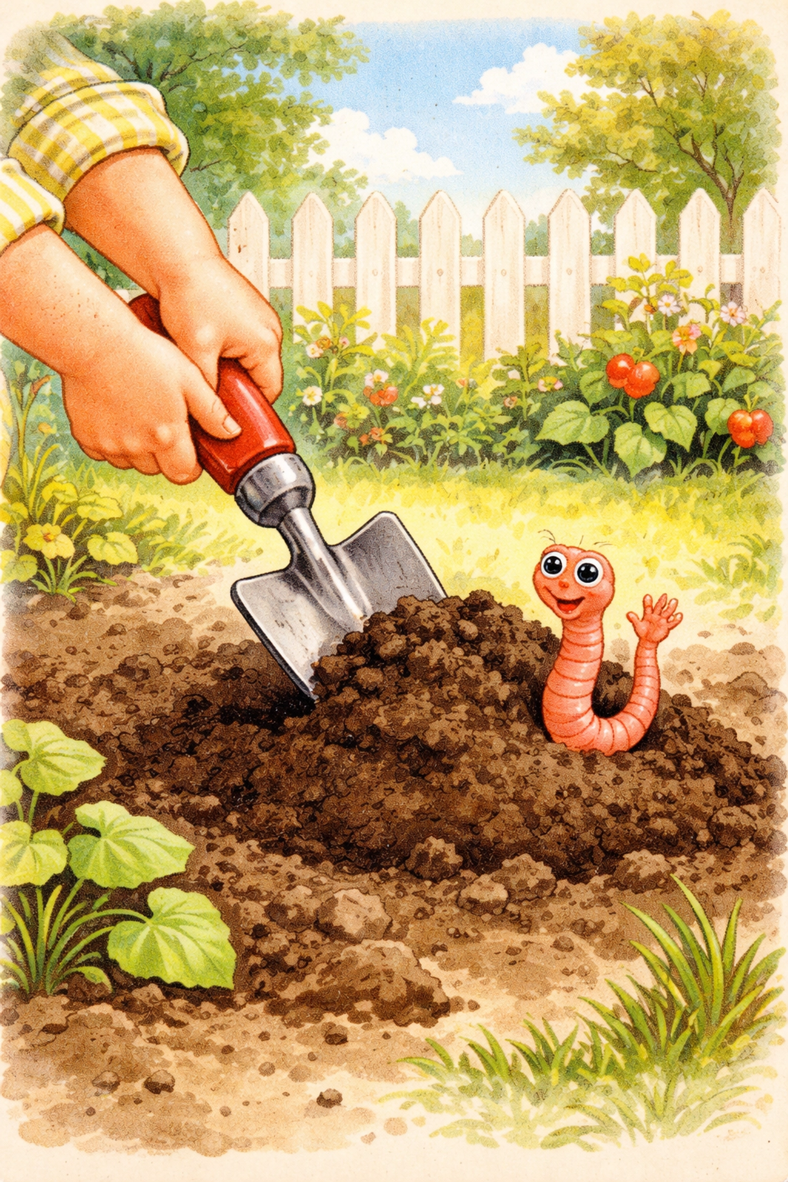 Cartoon child's hands digging garden soil, emphasizing soil collection for red cabbage pH experiment at home.