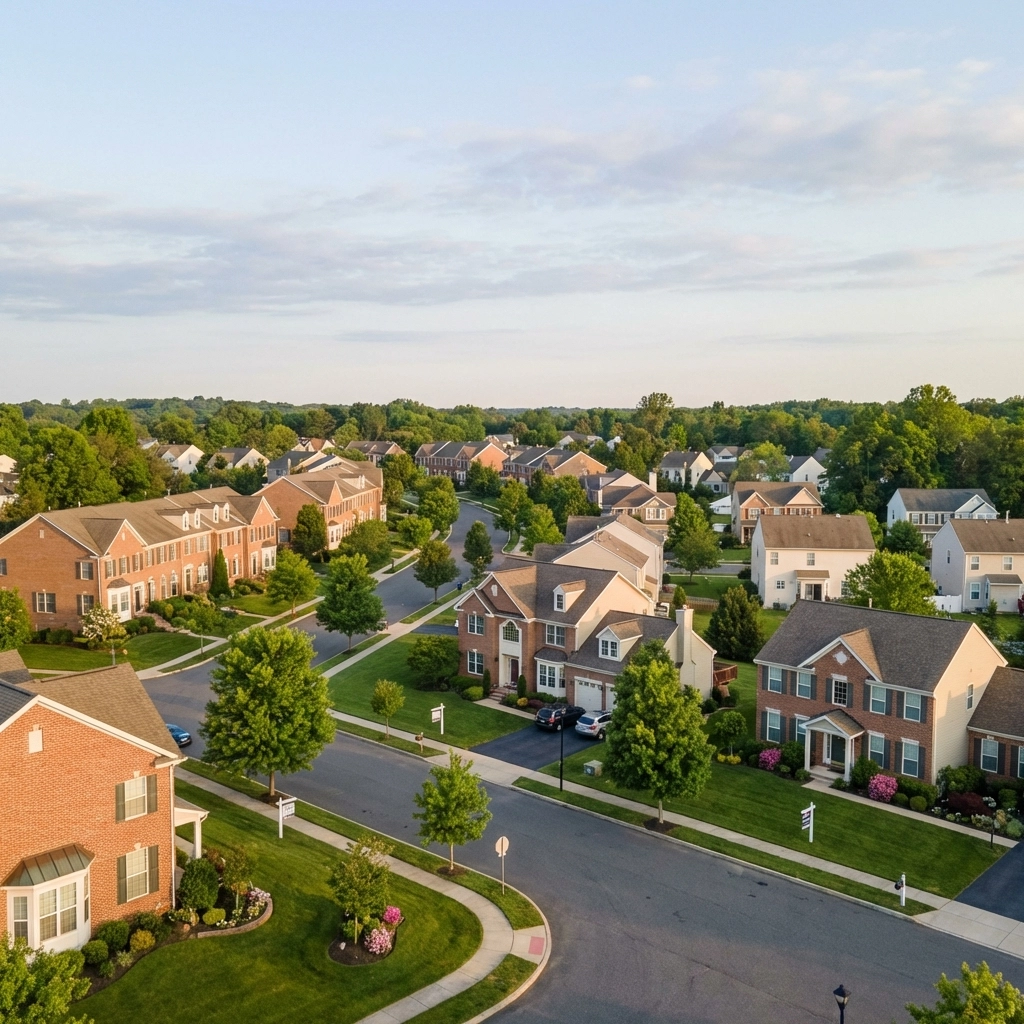 Aerial view of South Jersey neighborhood showing townhomes and single-family homes for sale in the local real estate market