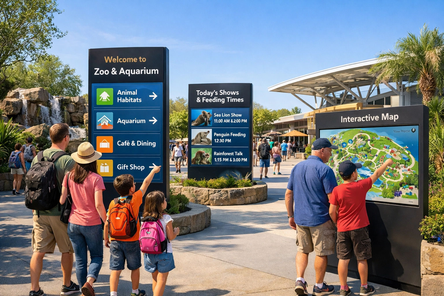 Families at modern zoo entrance with digital wayfinding displays and informational kiosks