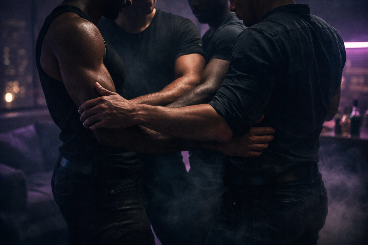 Silhouettes of men in a neon-lit apartment illustrating the intensity of a gay group encounter.
