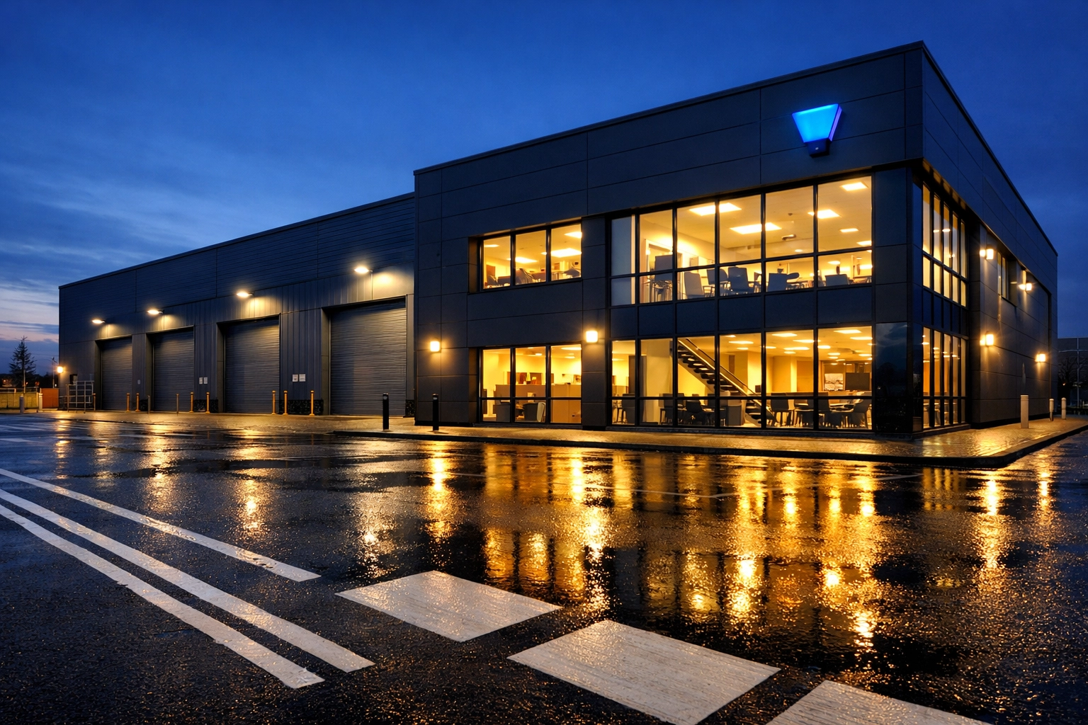 Commercial intruder alarm installation featuring a blue siren box on a modern business property.