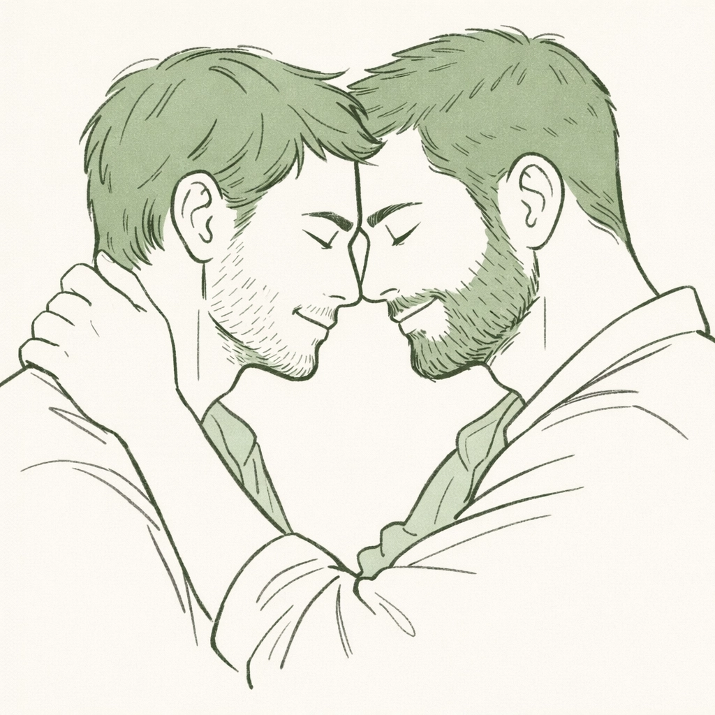 Tender profile of an MM couple in a gentle embrace, reflecting peace and acceptance in their gay love story.