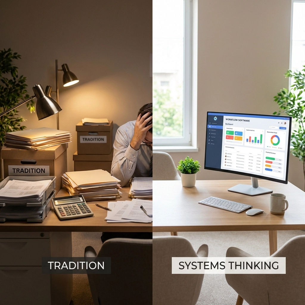 Visual comparison of traditional, stressed accounting workflow versus an organised, system-driven office environment.