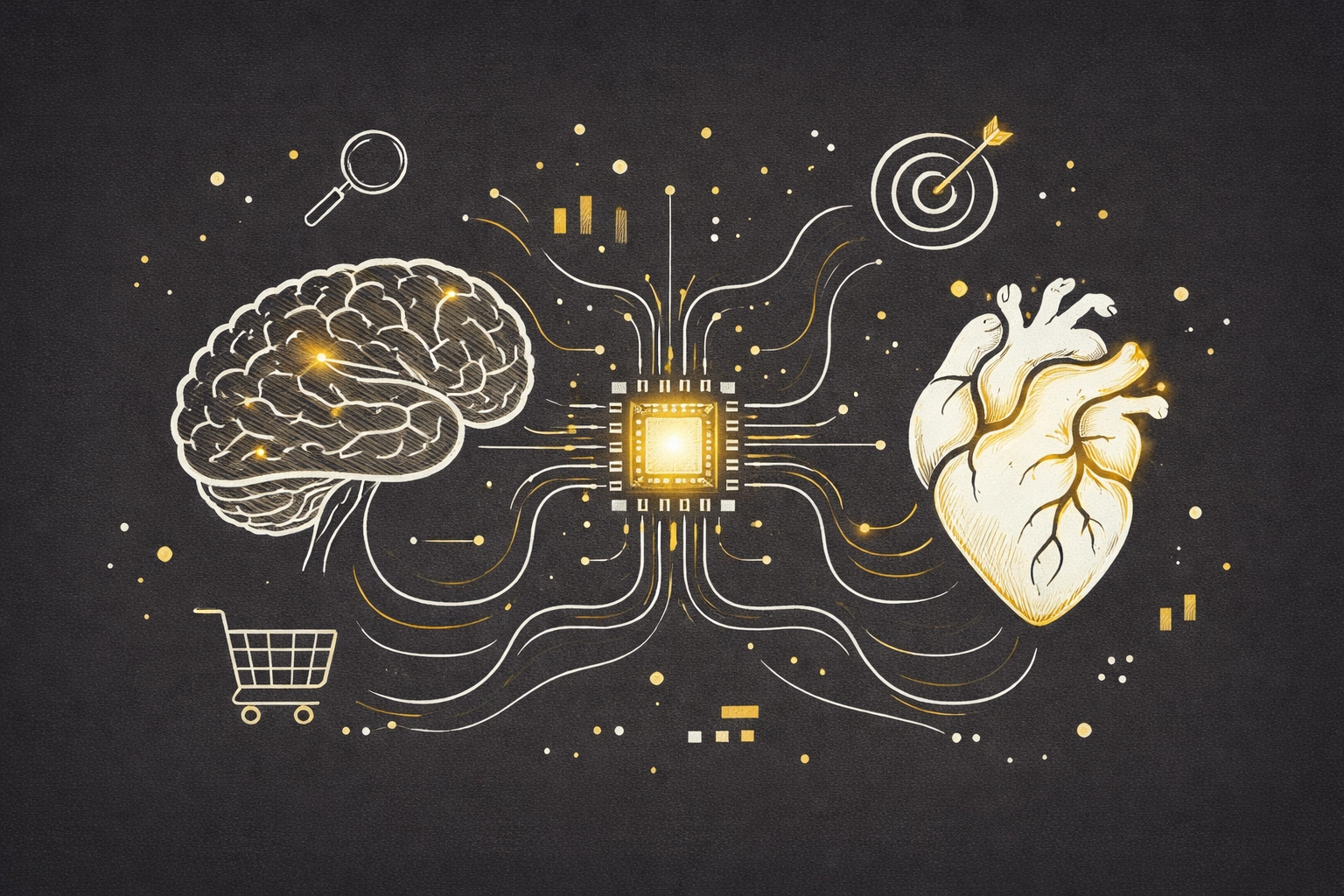Line art of a brain and heart linked to an AI chip with icons, highlighting emotion-driven AI analytics for Valentine's Day campaigns.