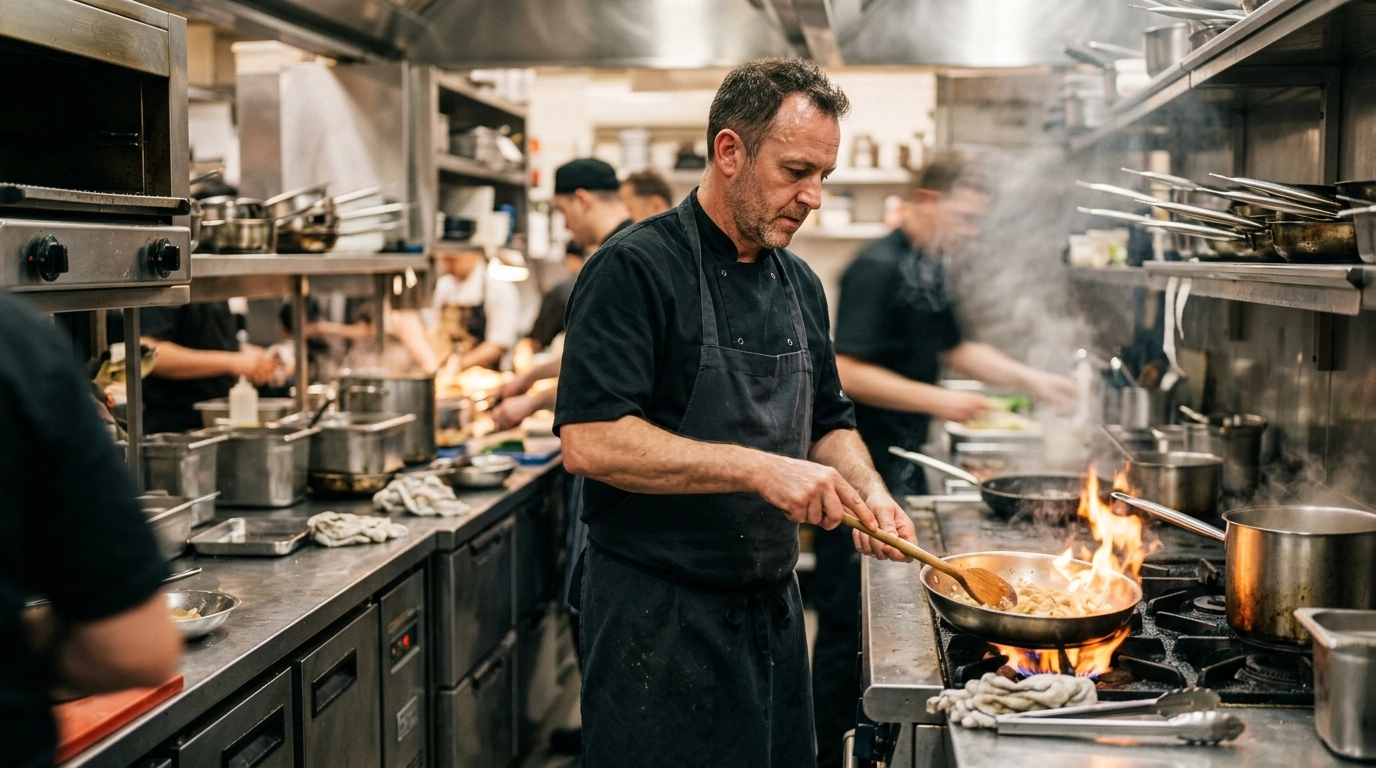 Professional chef working in a high-energy commercial kitchen