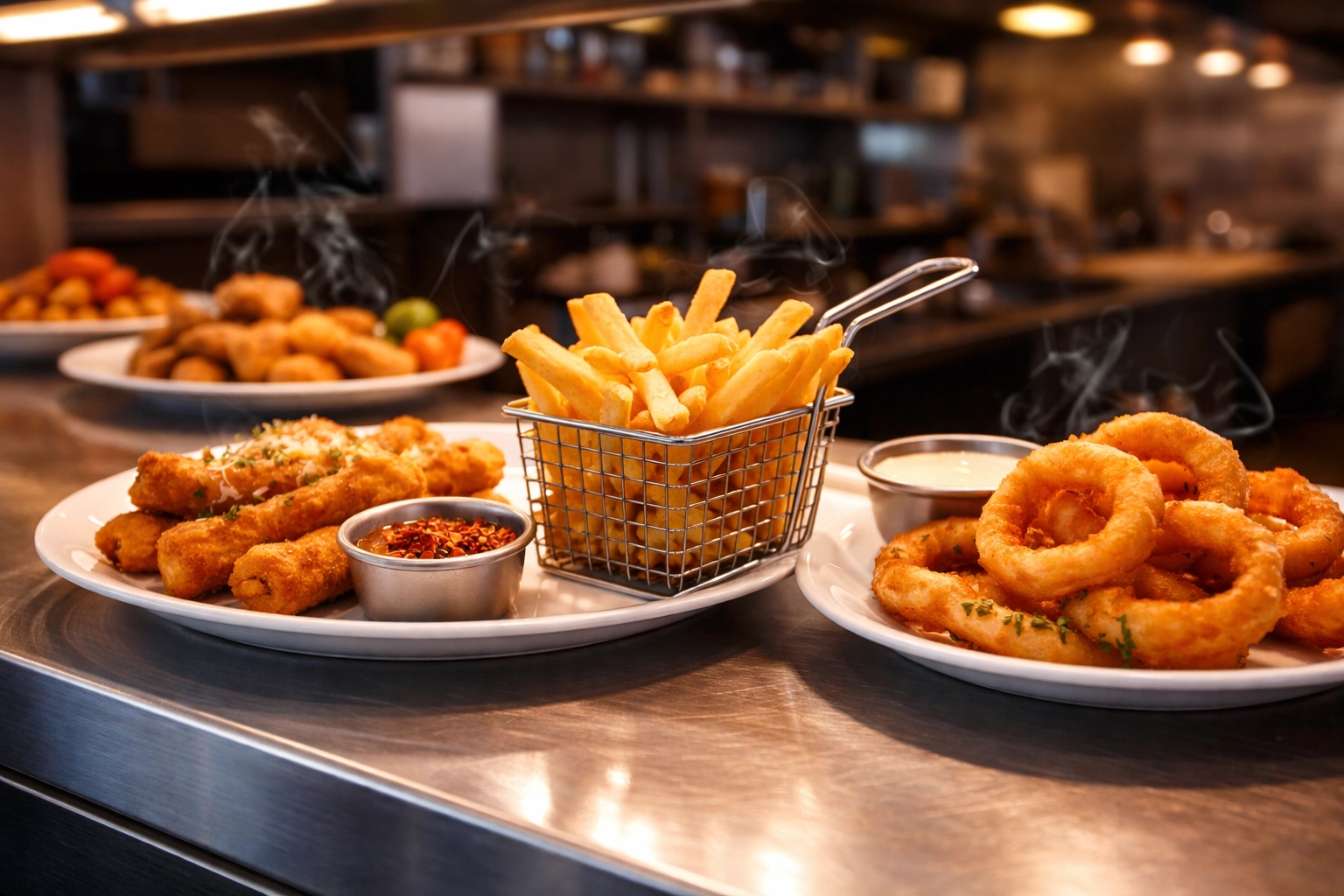 Profitable restaurant appetizers including crispy french fries, mozzarella sticks, and onion rings freshly plated at the kitchen pass.