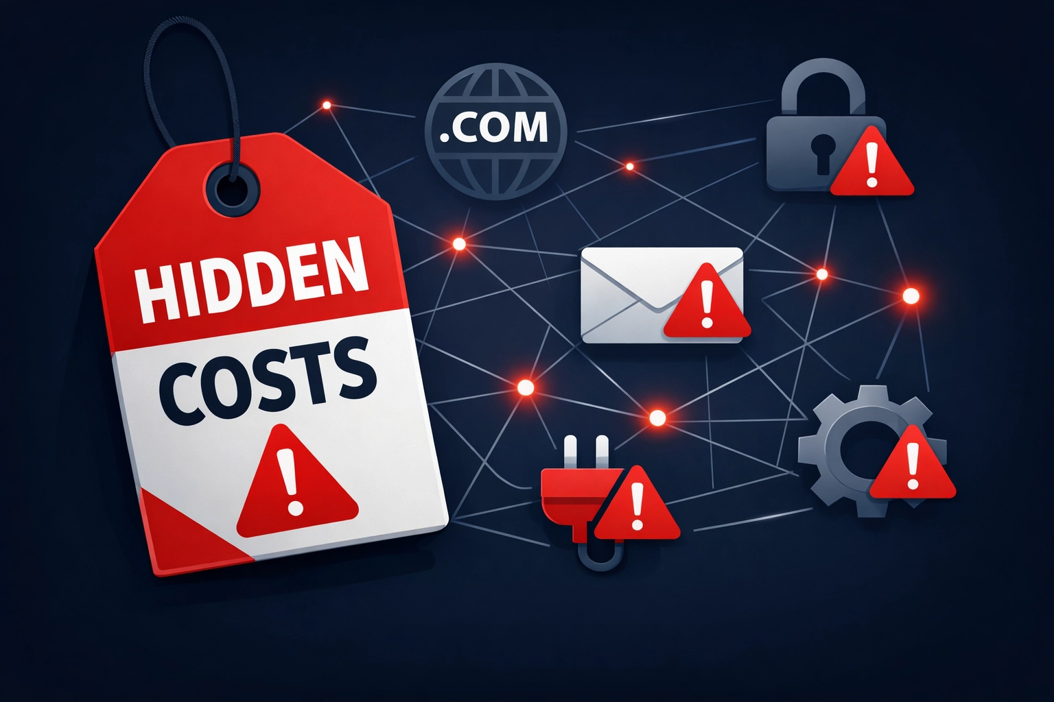 Hidden costs of cheap website showing price tag connected to multiple fee icons