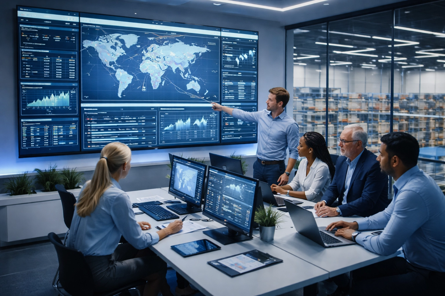 Team of logistics professionals collaborating in a modern control room to optimize supply chain operations and marketing strategy