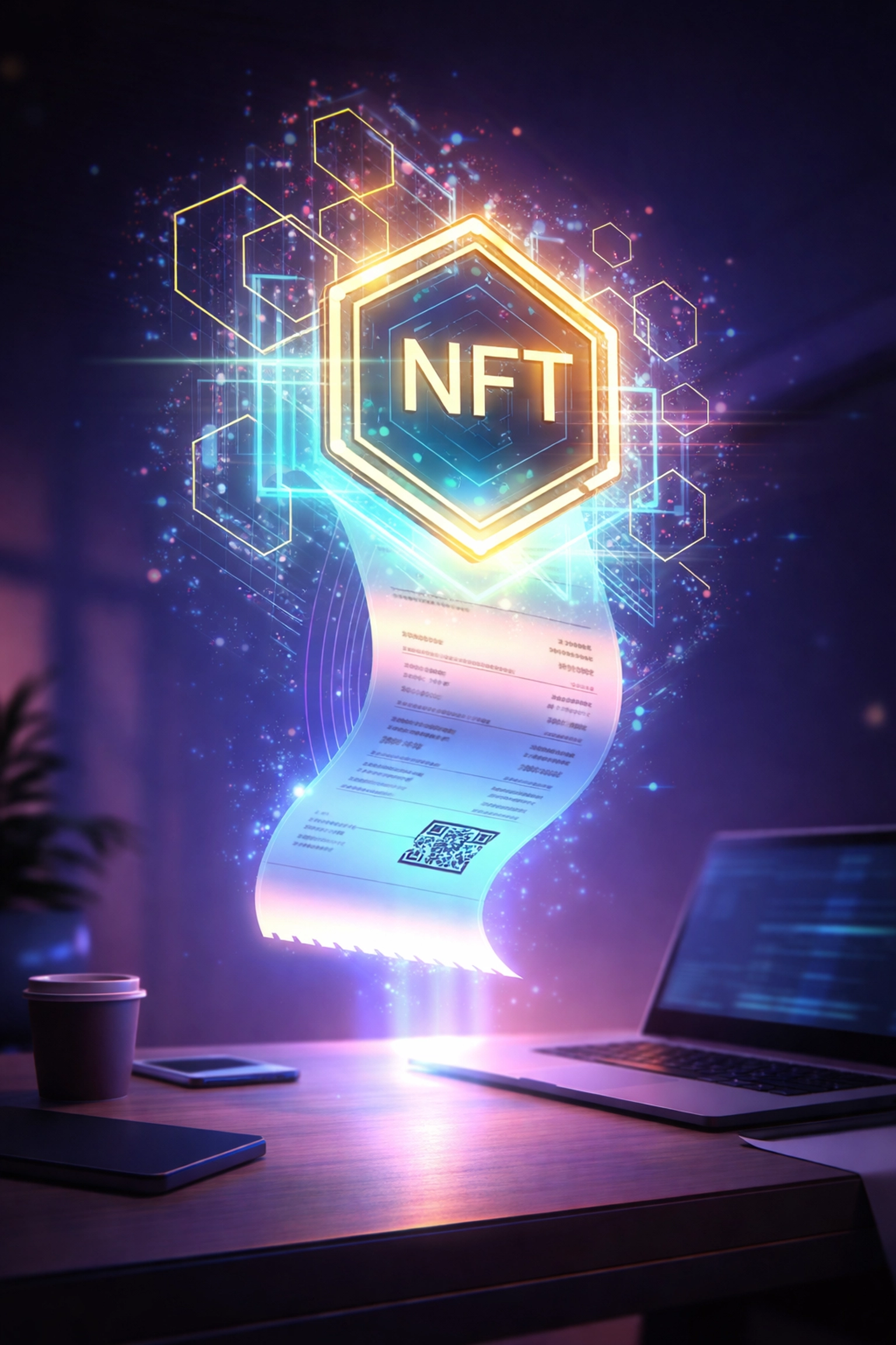 Futuristic NFT receipt showcases blockchain bookkeeping advantages for small business crypto payments.