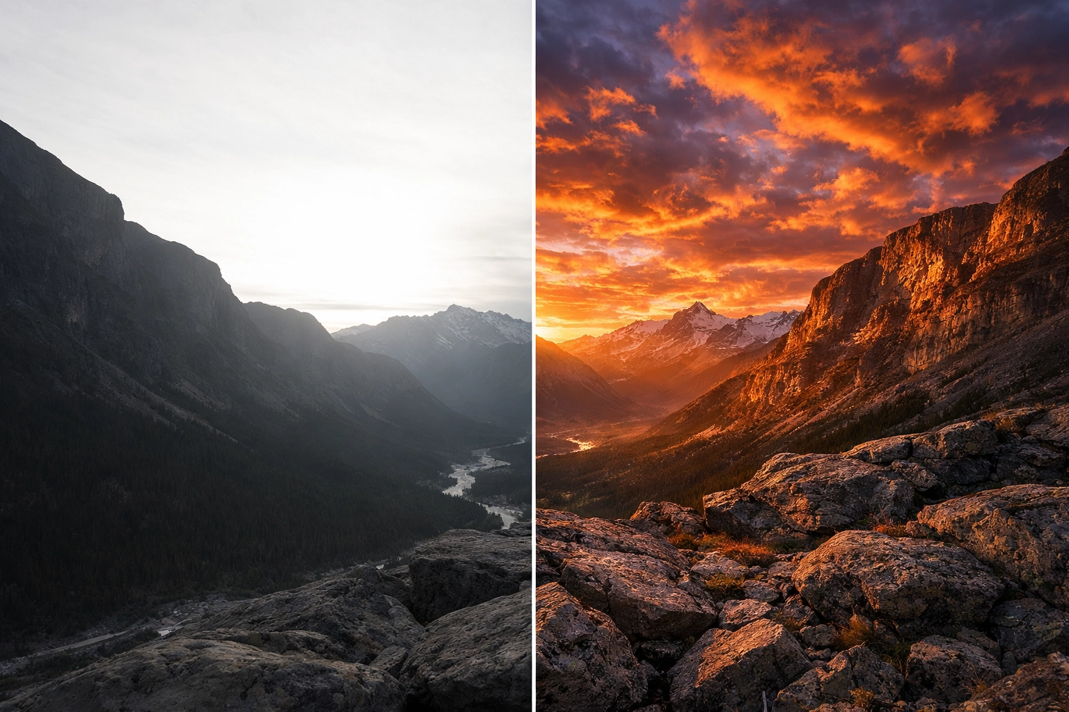 Split-screen photo editing comparison of a mountain sunset showing highlights and shadows adjustments.