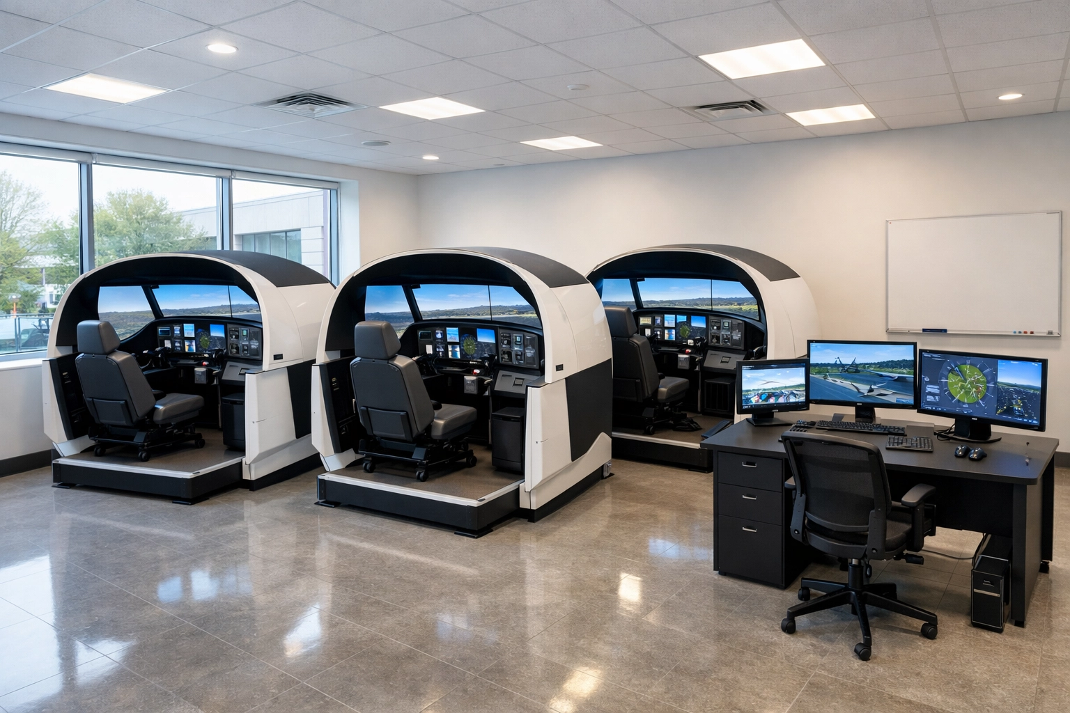 Flight school training center with multiple compact simulator pods in classroom