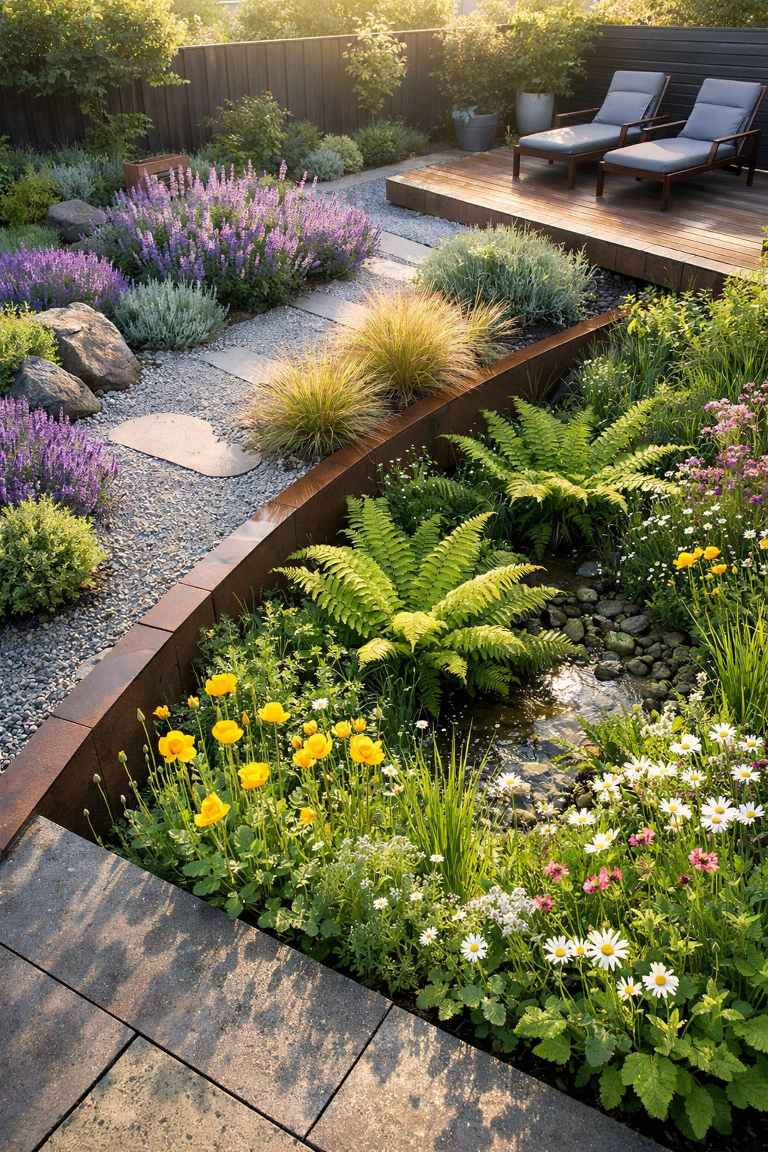 Climate-smart landscaping in Cardiff with drought-tolerant plants, gravel paths, and a native rain garden.