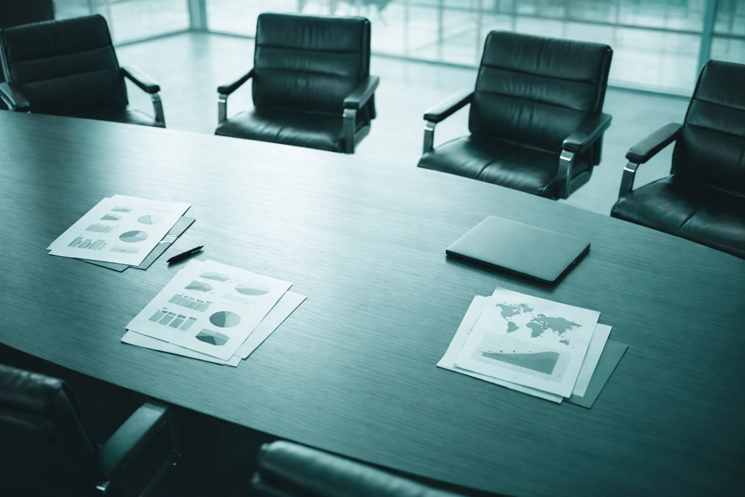 Empty corporate boardroom with scattered documents showing leadership misalignment and stalled decisions