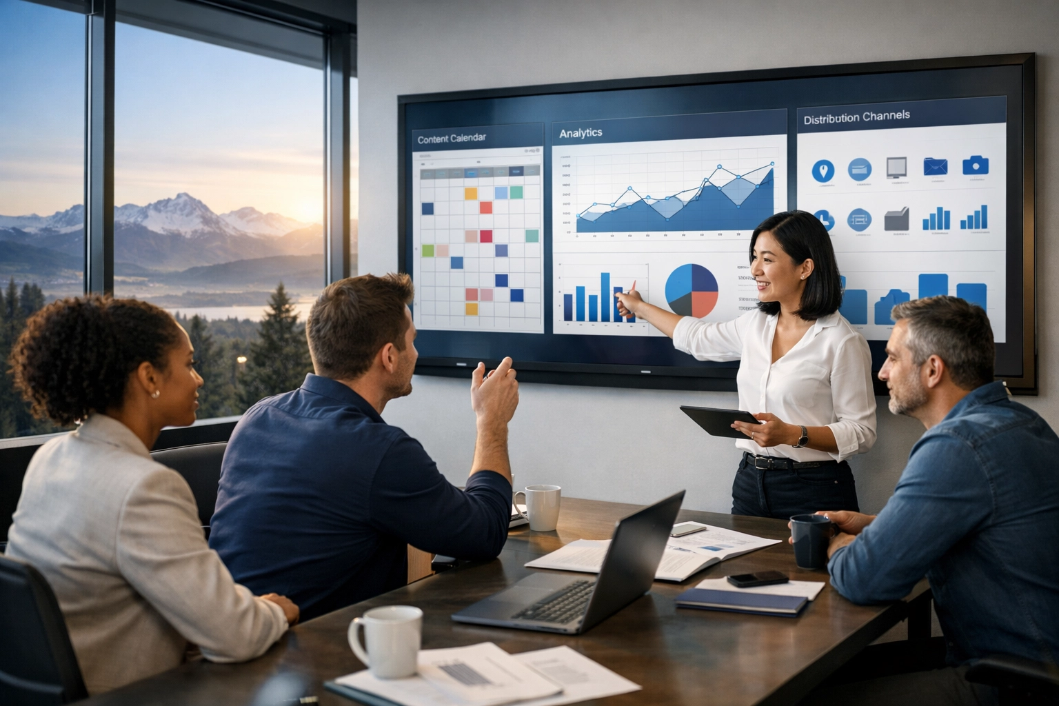 Dakdan Worldwide strategic marketing team collaborating in a modern Colorado office workspace.