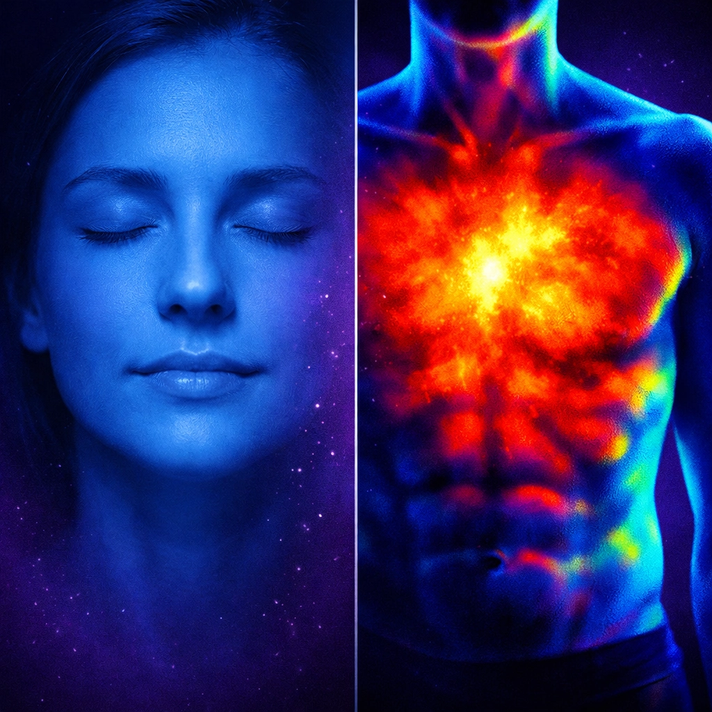 Split view of calm mind versus stressed body illustrating cognitive dissonance from toxic positivity