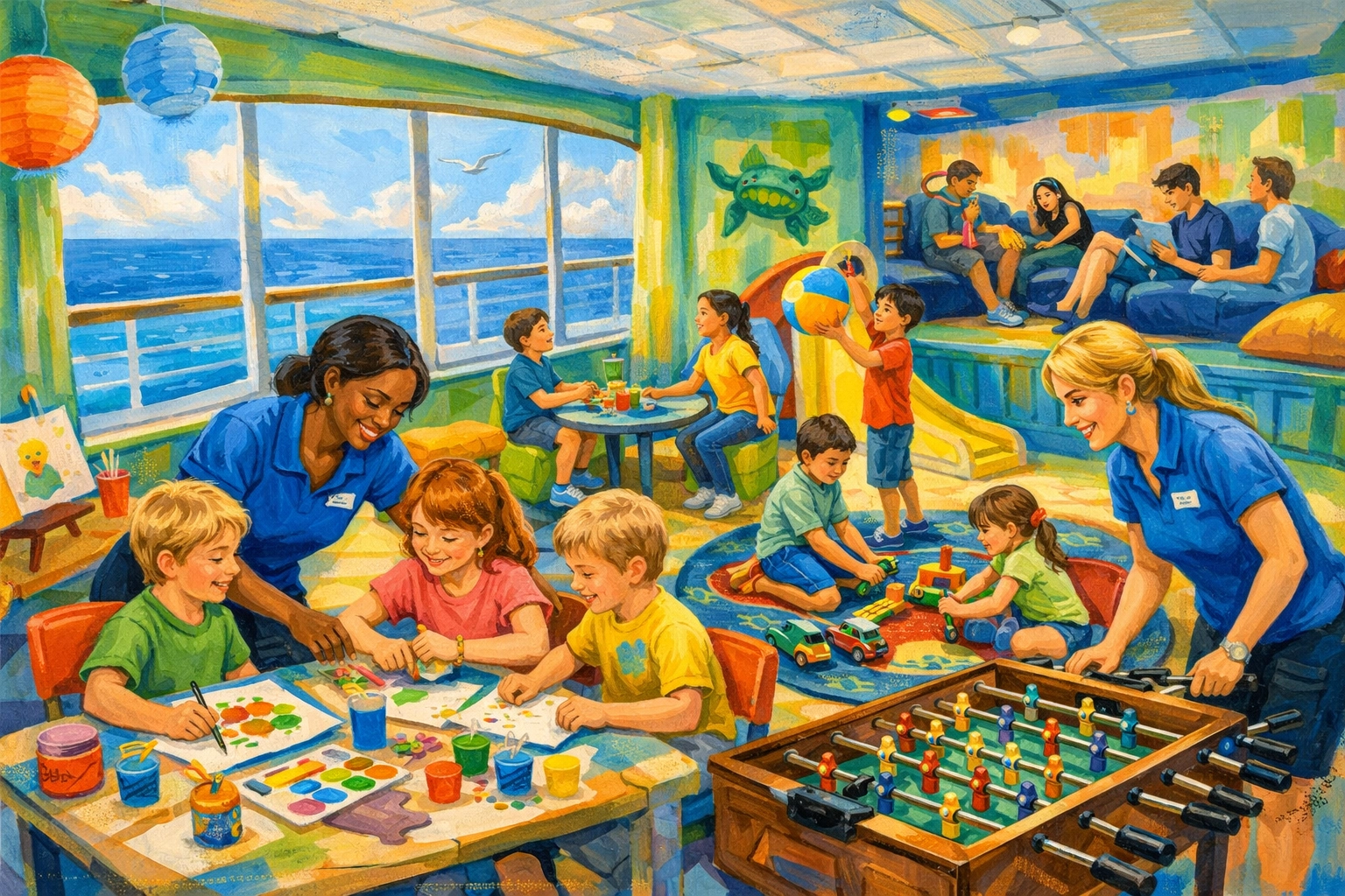 Children enjoying activities in premium cruise ship kids club with ocean views