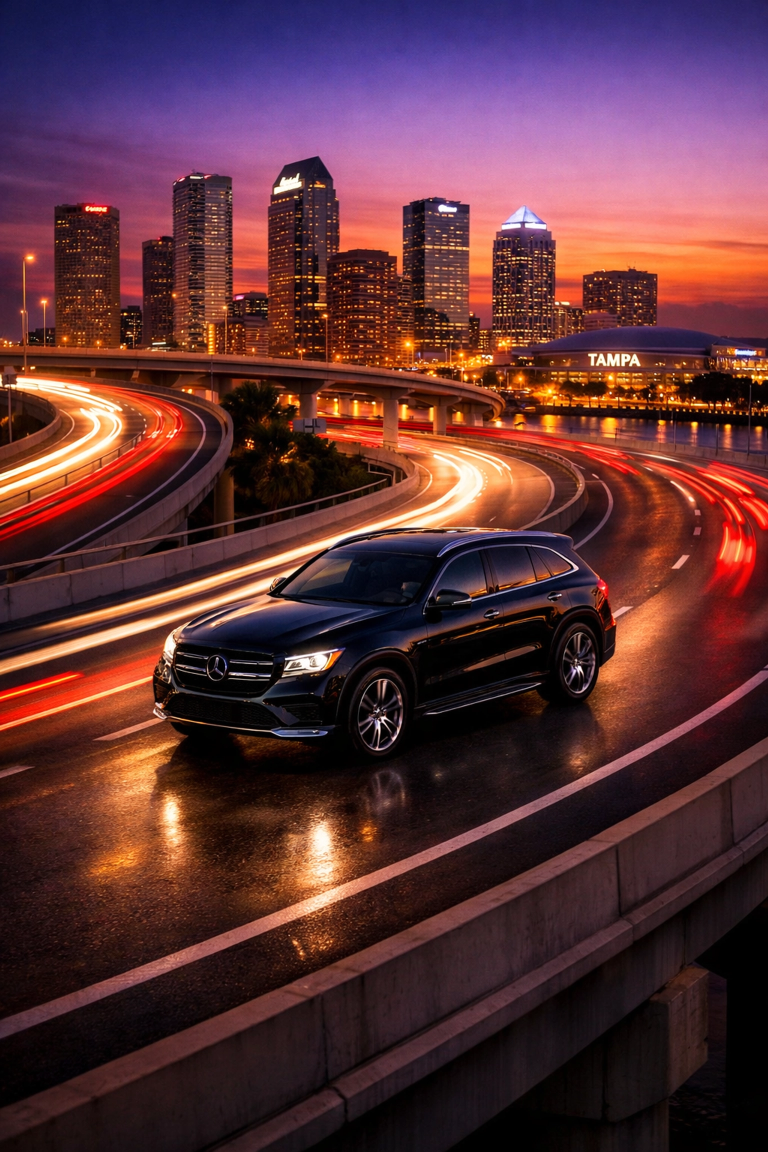 Reliable Tampa black car service navigating highway traffic at twilight for seamless airport transportation.