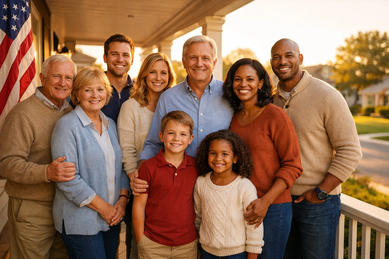 A multi-generational group of Americans standing together on a porch, symbolizing unity and civic pride.