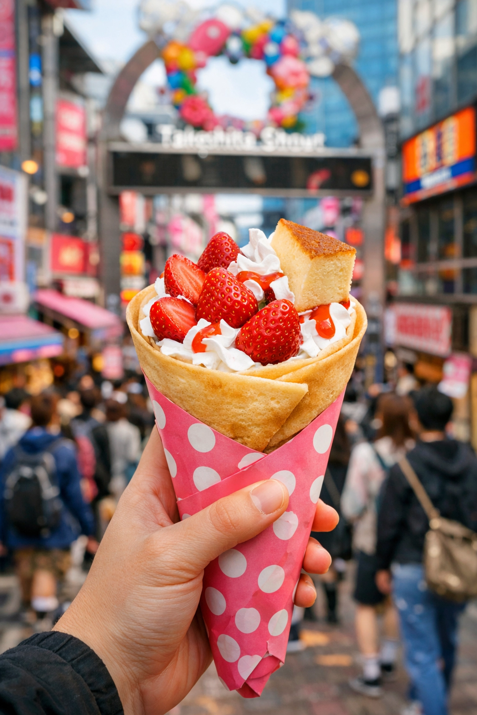 Giant strawberry crepe in Harajuku, one of the best photography locations for street food.