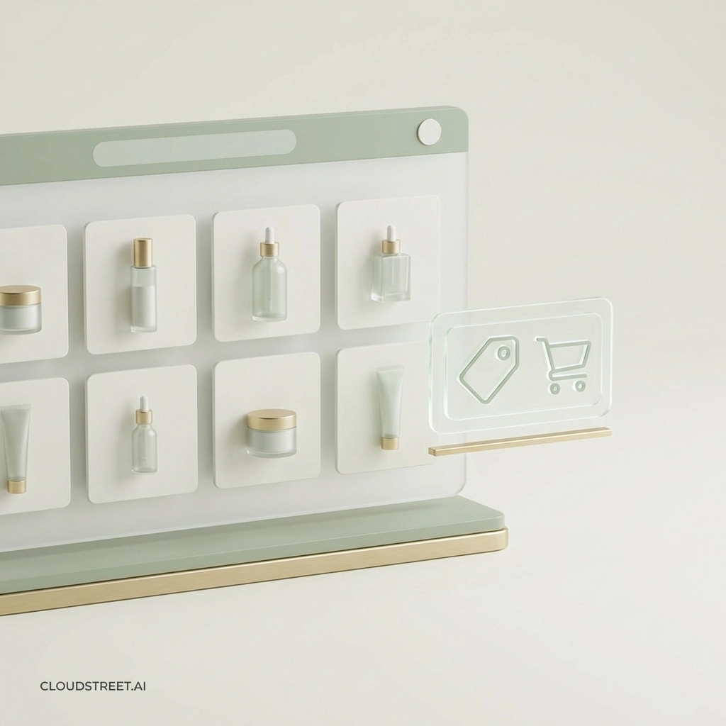 Digital catalog with skincare products in Salesforce Commerce Cloud B2B highlighting organized product management