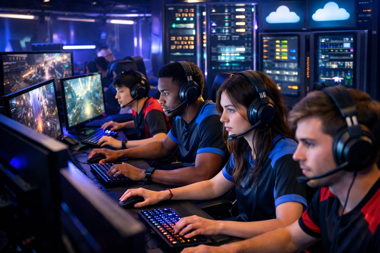 Esports gamers competing with gaming equipment and cloud servers for technical workforce training