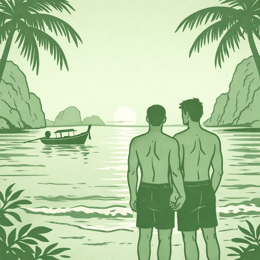 Gay couple holding hands on secluded Phuket beach at sunset with palm trees and turquoise water