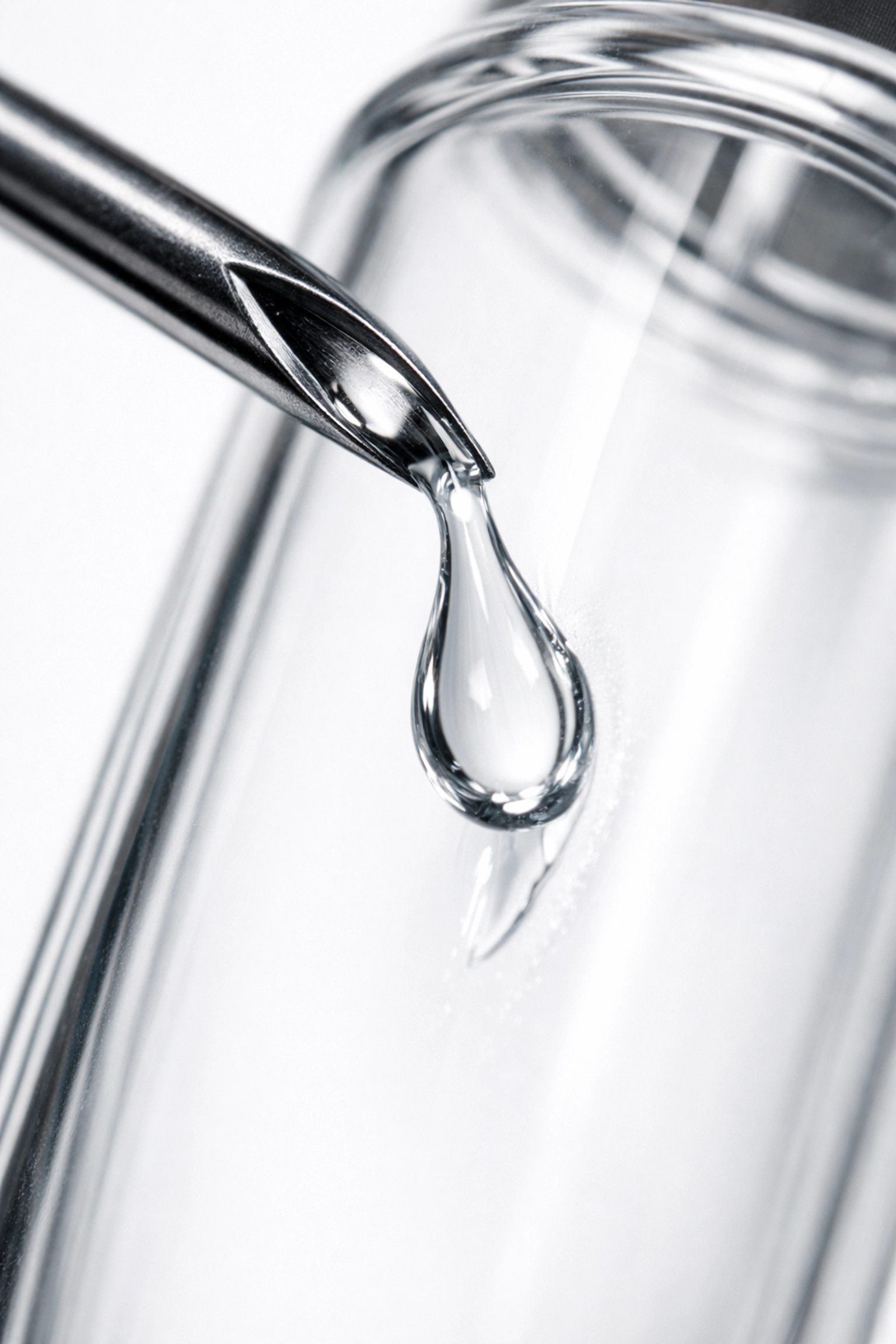 Close-up of a needle injecting bac water slowly down the side of a peptide vial.