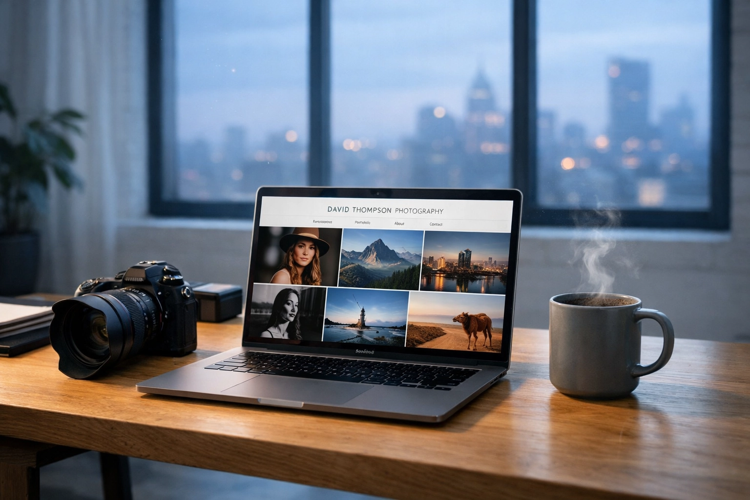 Professional photography workspace with a camera and online portfolio for finding work in 2026.