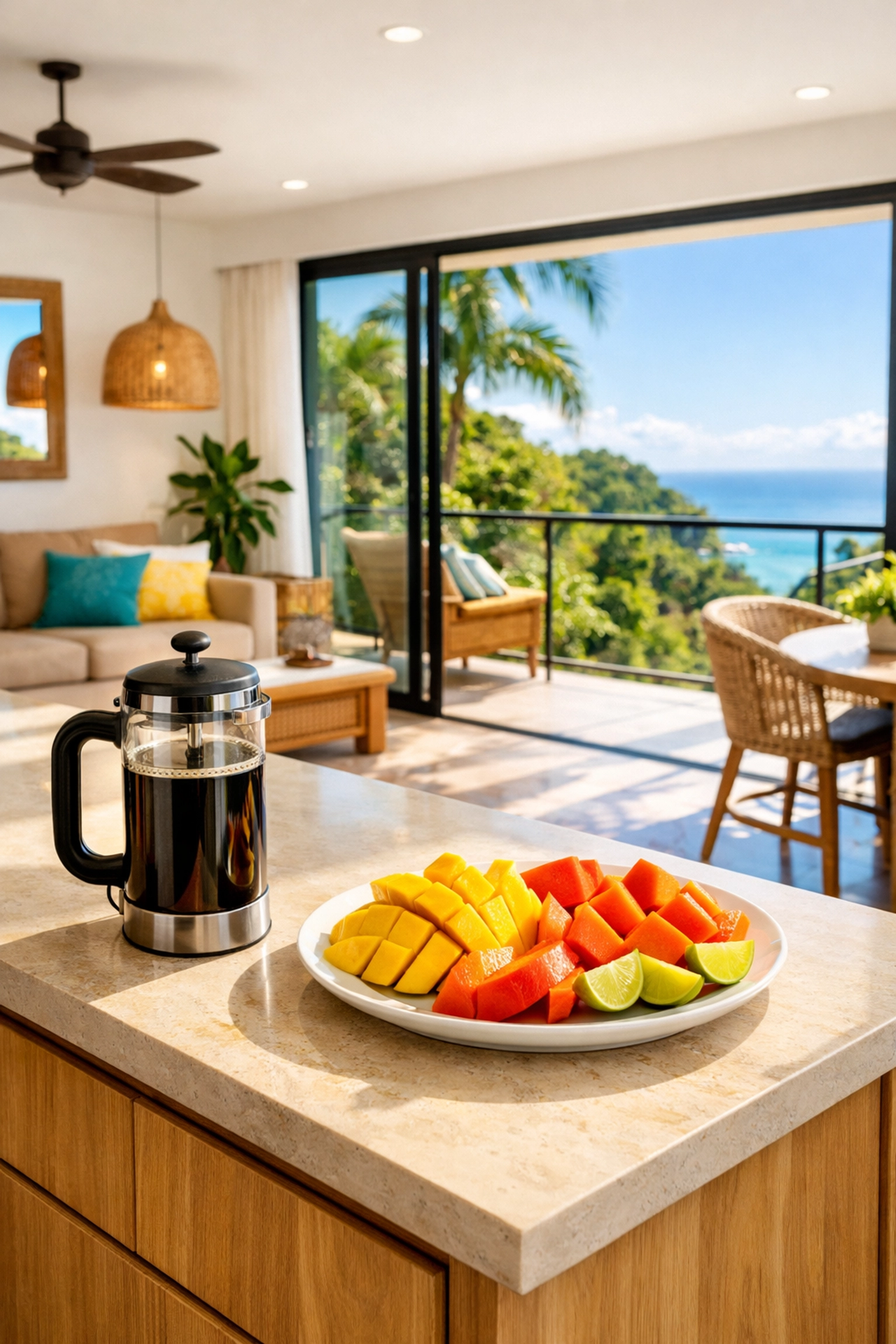 Modern open-concept kitchen in a Puerto Vallarta apartment for rent with a sun-soaked island and ocean views.