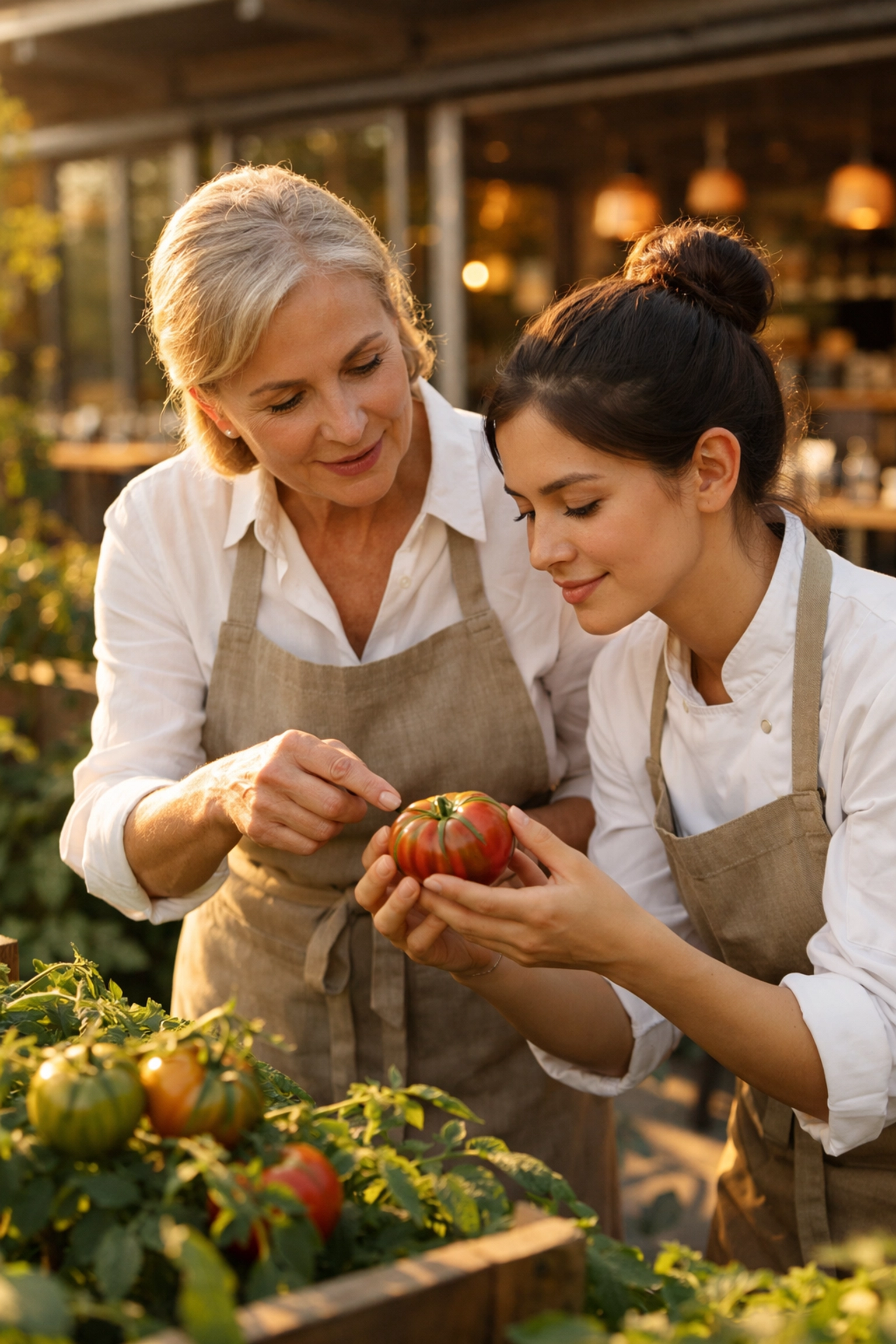Female hospitality leader mentoring a trainee in a sustainable garden, representing women shaping a sustainable future.