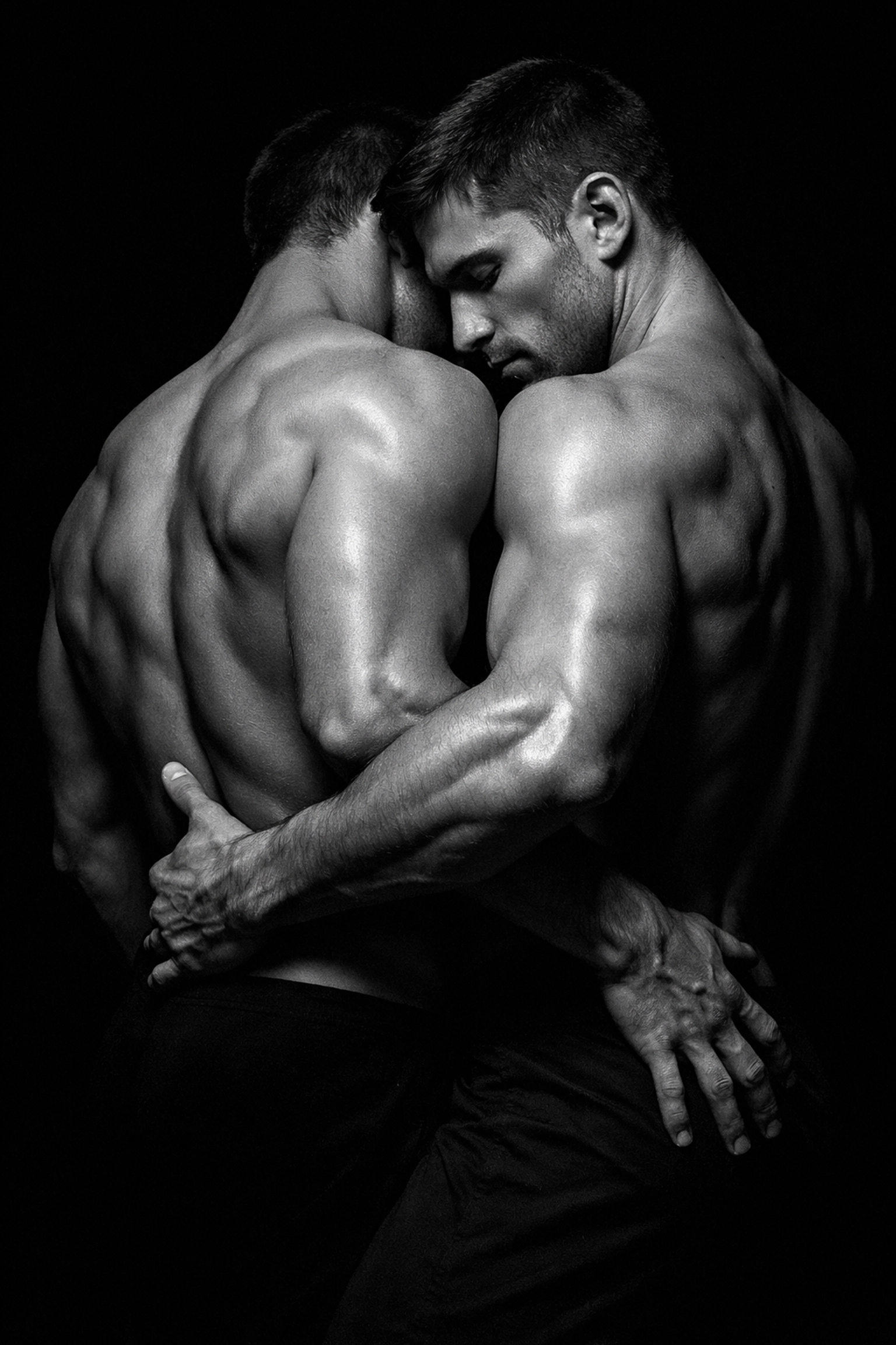 Artistic black and white photography of two muscular men embracing, celebrating gay desire and the male form.
