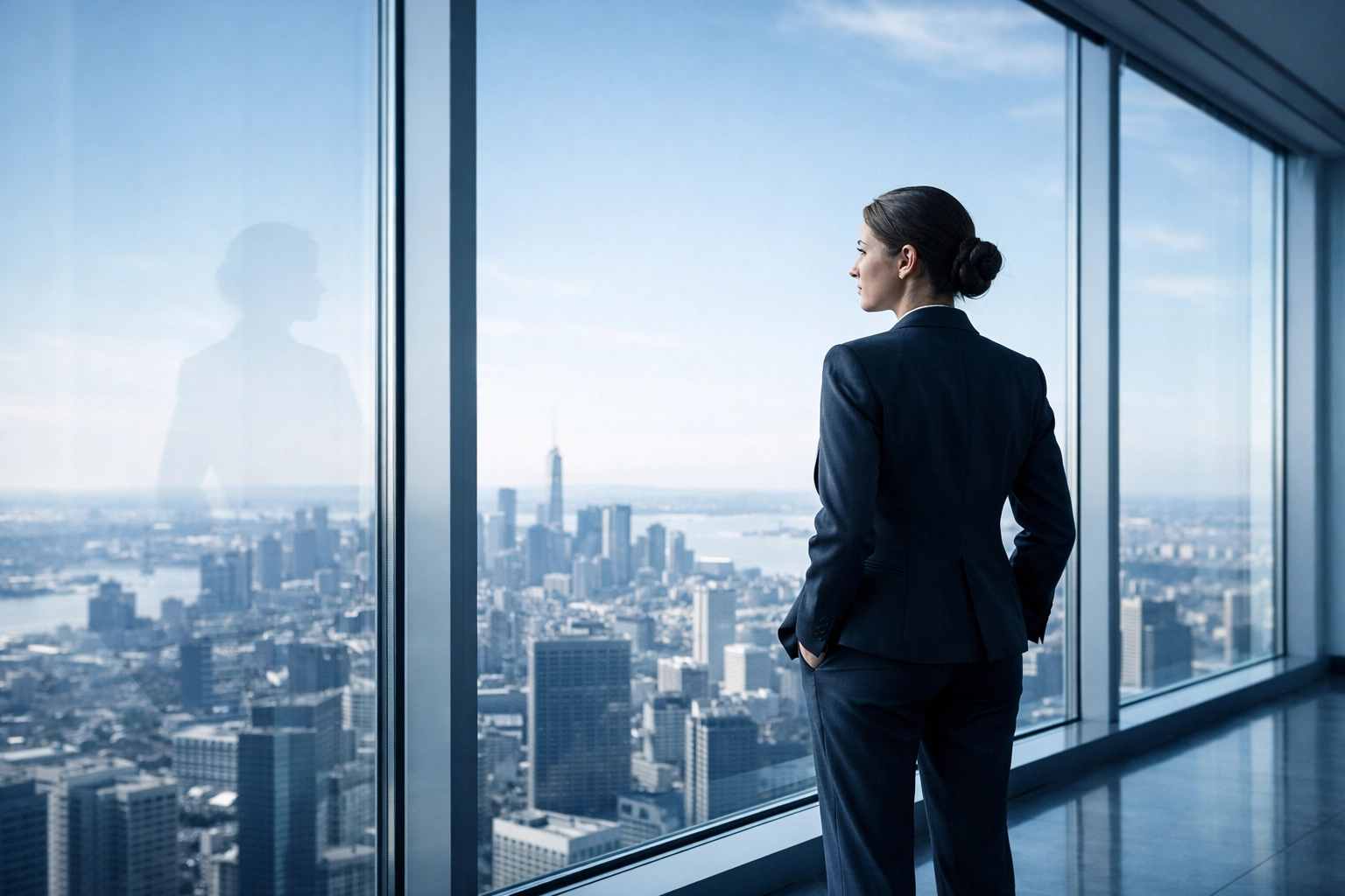 A confident leader reflecting on their emotional why and long-term business goals in a modern office.