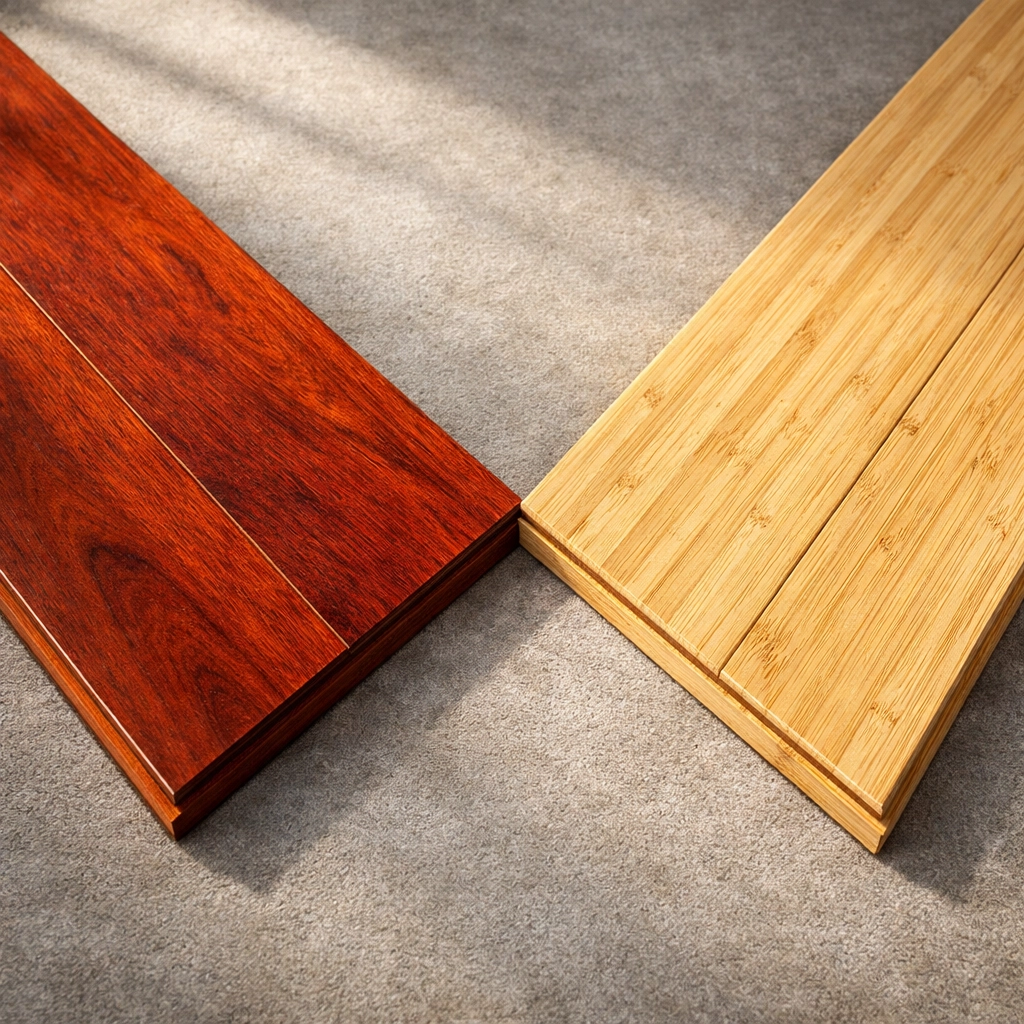 Side-by-side comparison of Brazilian Cherry and strand-woven Bamboo flooring planks for a modern Chicago home.