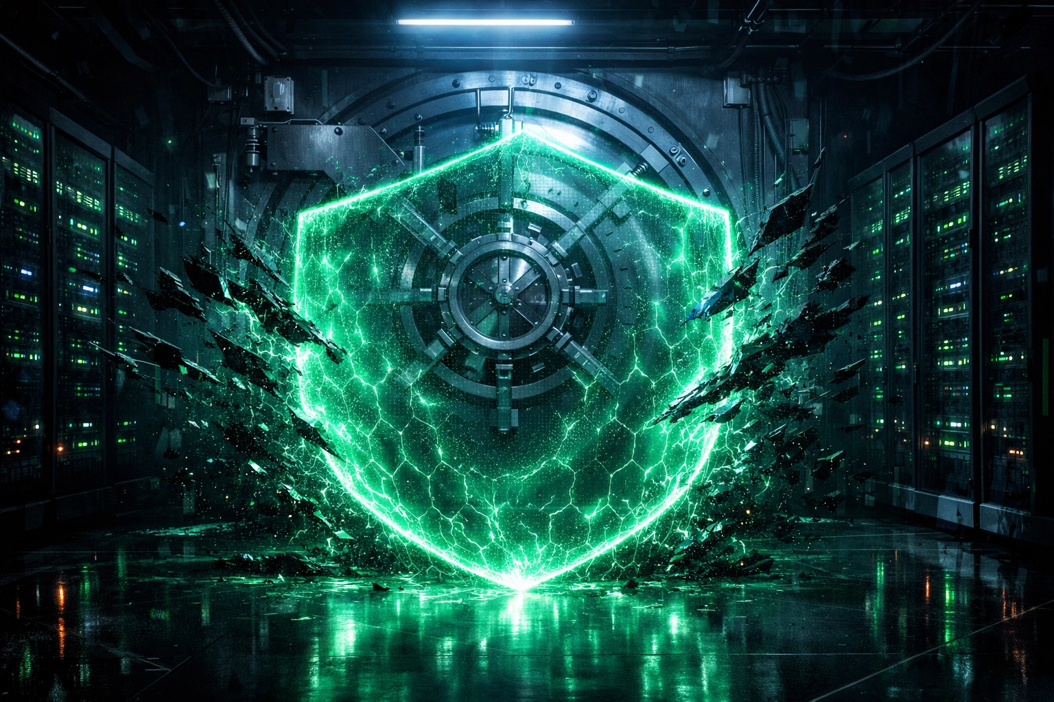 A secure digital vault protected by an energy shield representing DeFi insurance and asset protection.