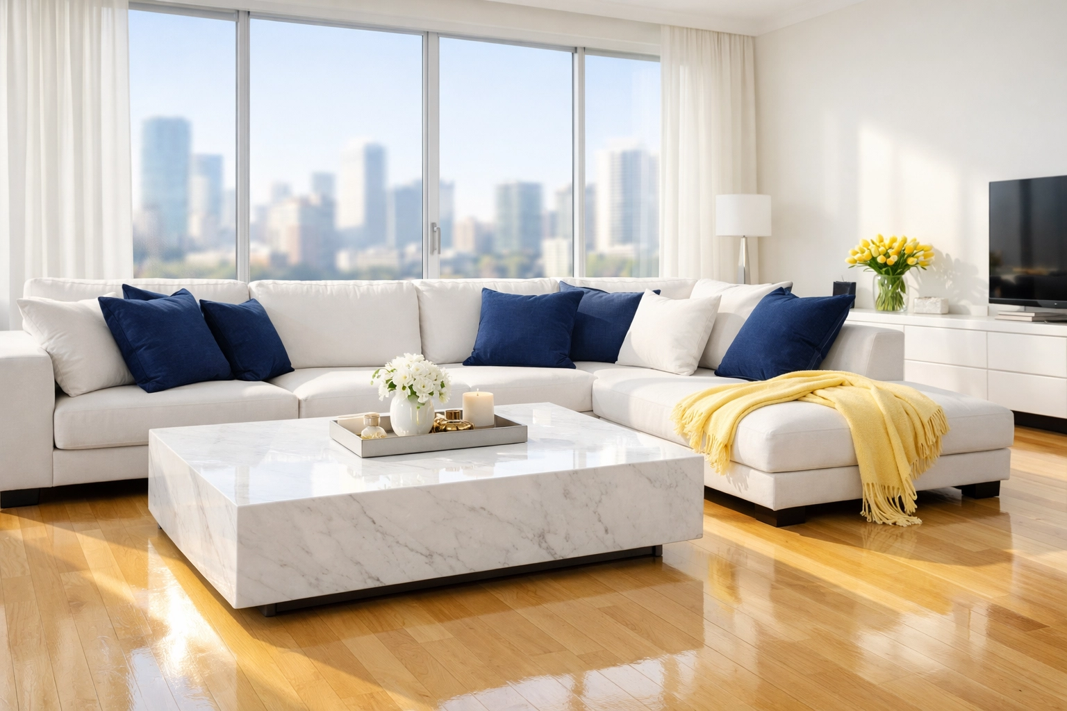 Pristine and organized high-end living room showing the results of a bi-weekly house cleaning service.