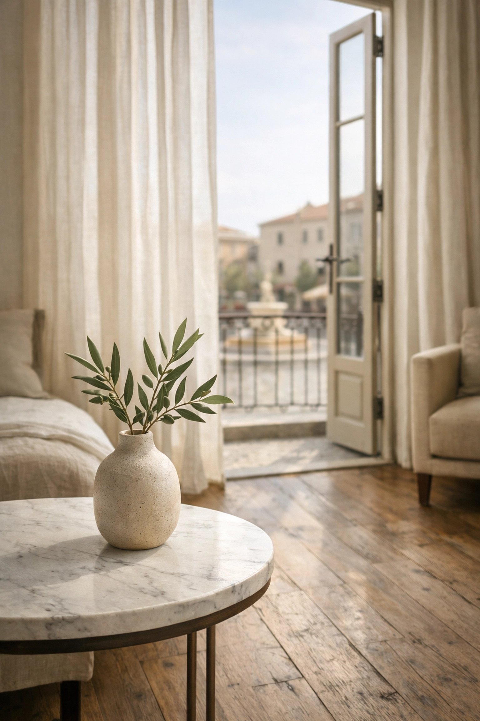 Luxury boutique hotel suite in a quiet European city with views of a historic cobblestone plaza.