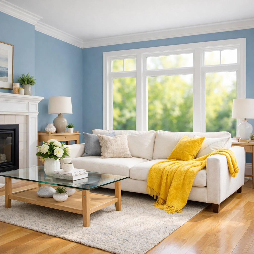 A sun-drenched, tailored residential cleaning in a Stow MA living room with polished wood floors.