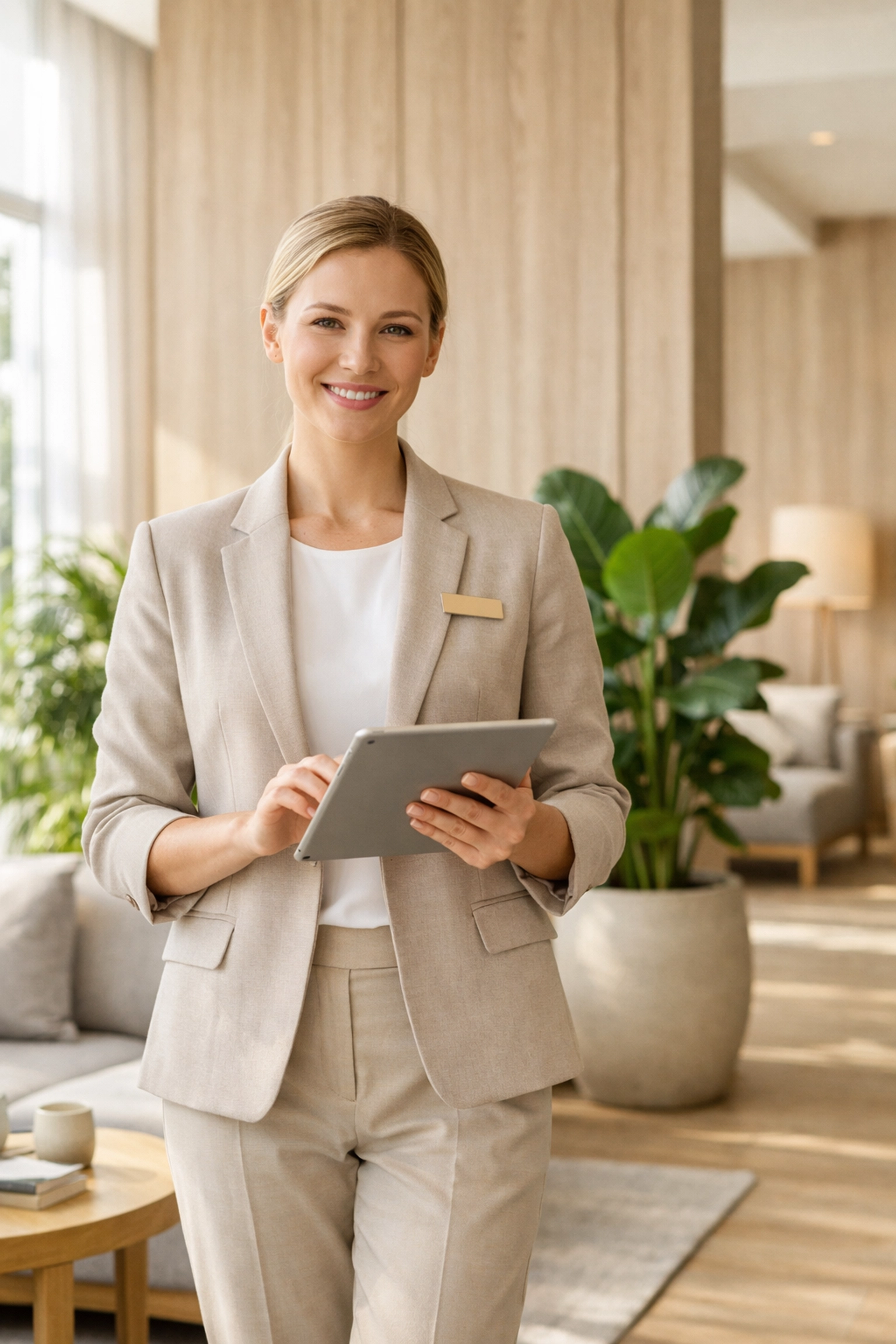 Hotel staff member using a mobile hotel PMS on a tablet in a modern, sun-drenched lobby.