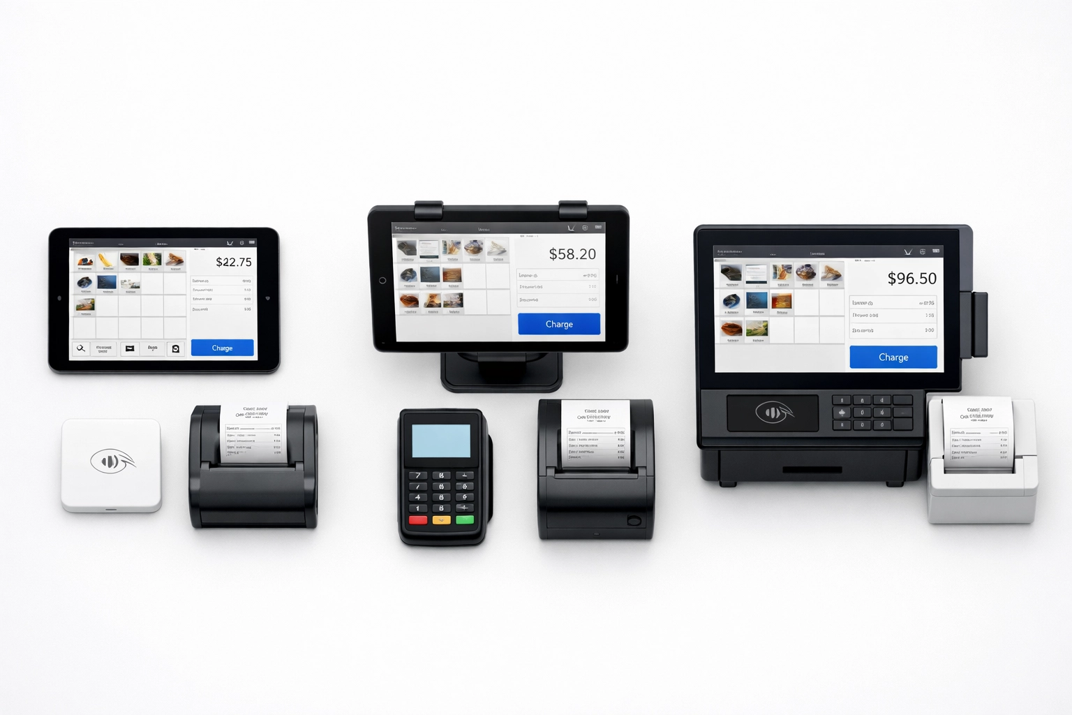 Side-by-side comparison of Toast, Epos Now, and SumUp POS system hardware