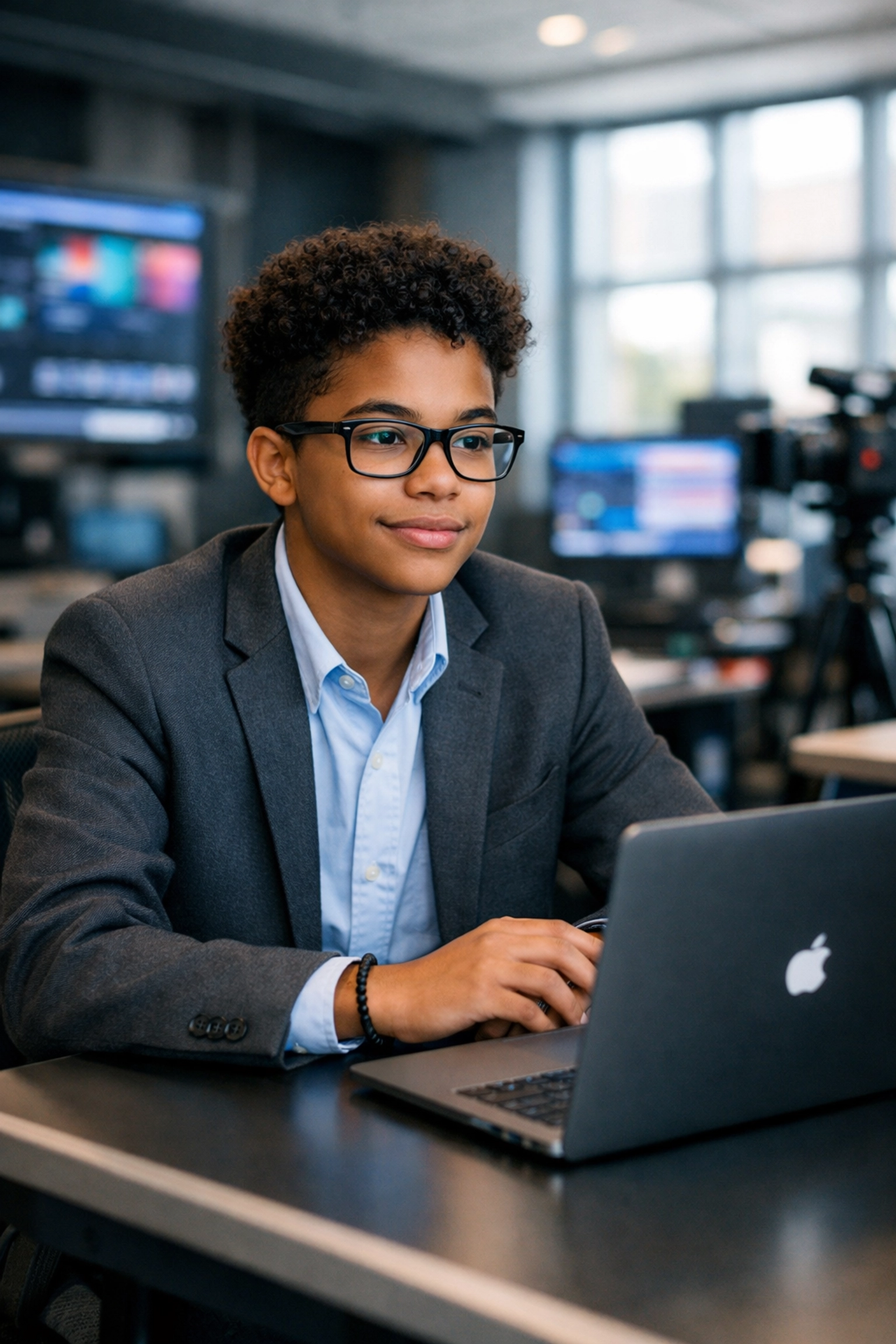 A high school student in a tech lab preparing for a career via early talent development programs.