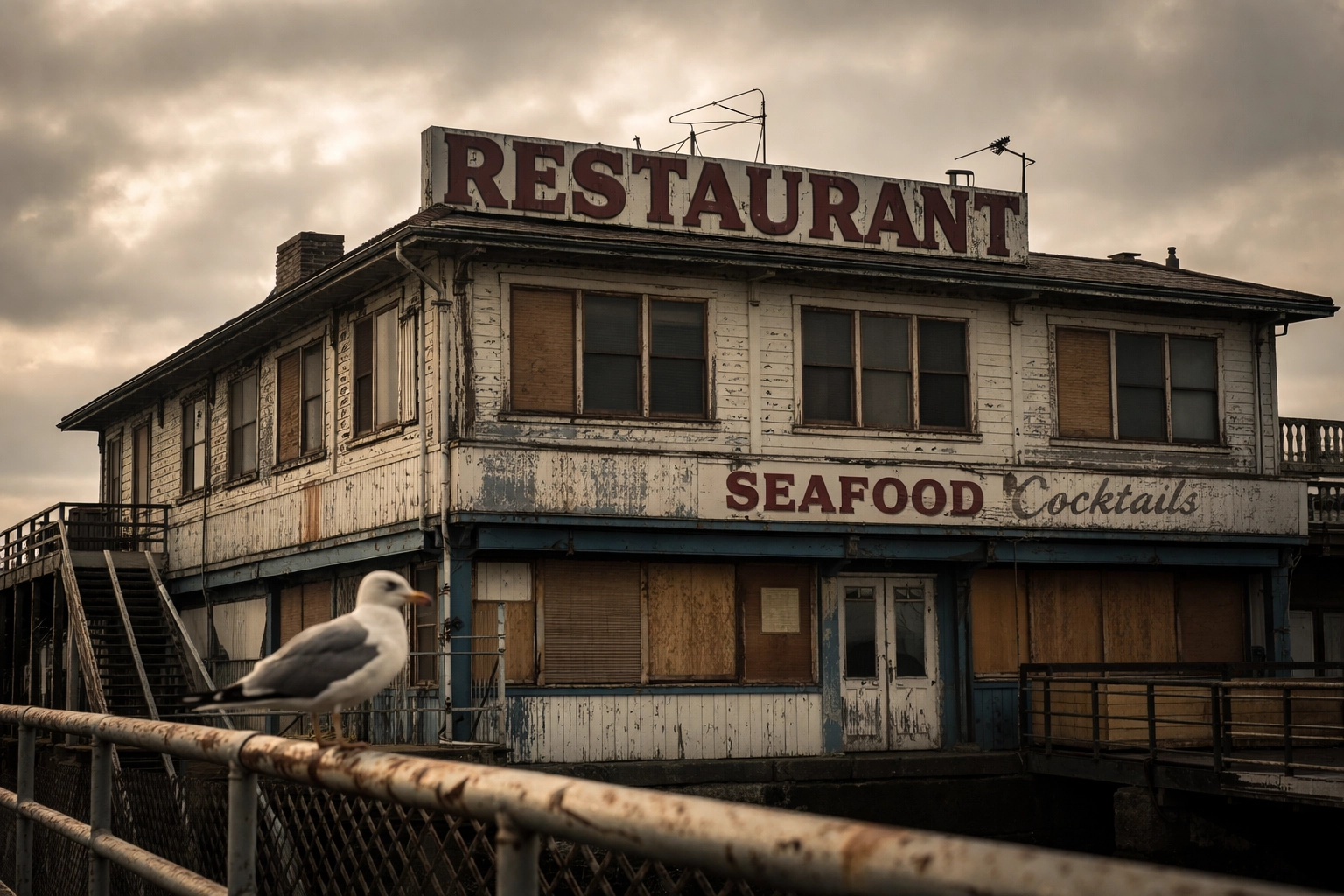 Vacant legacy restaurant building at Fisherman's Wharf symbolizing outdated mega-restaurant models