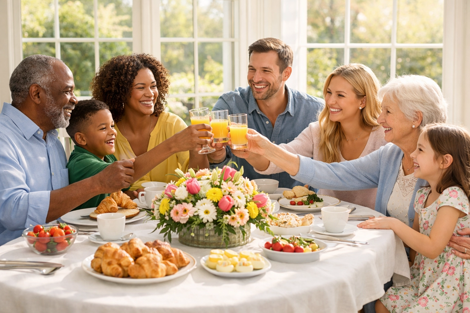 A family gathers for a spring brunch, enjoying the peace of mind from a worry-free financial strategy.
