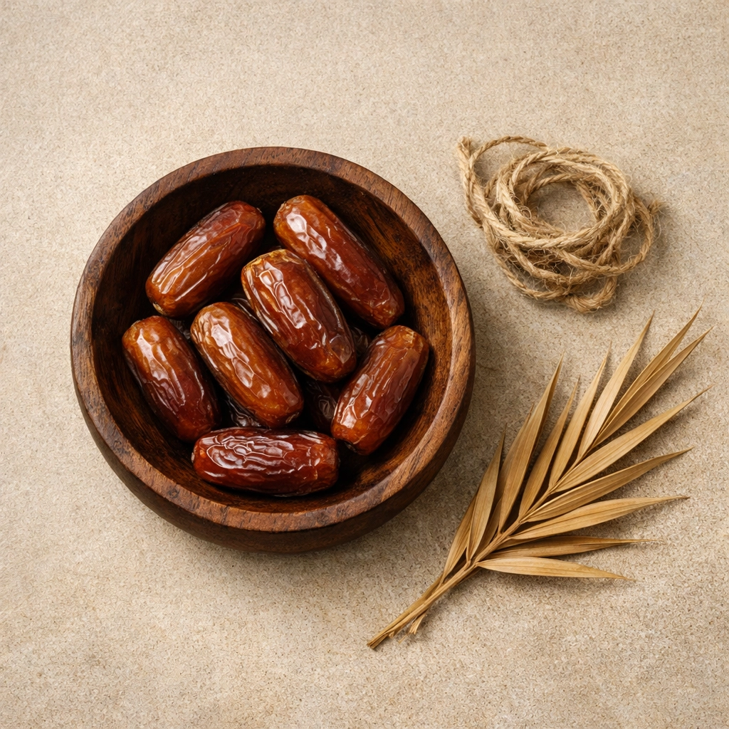 Bronze-colored Mabroom dates in a rustic wooden bowl, highlighting their slender shape and firm skin.