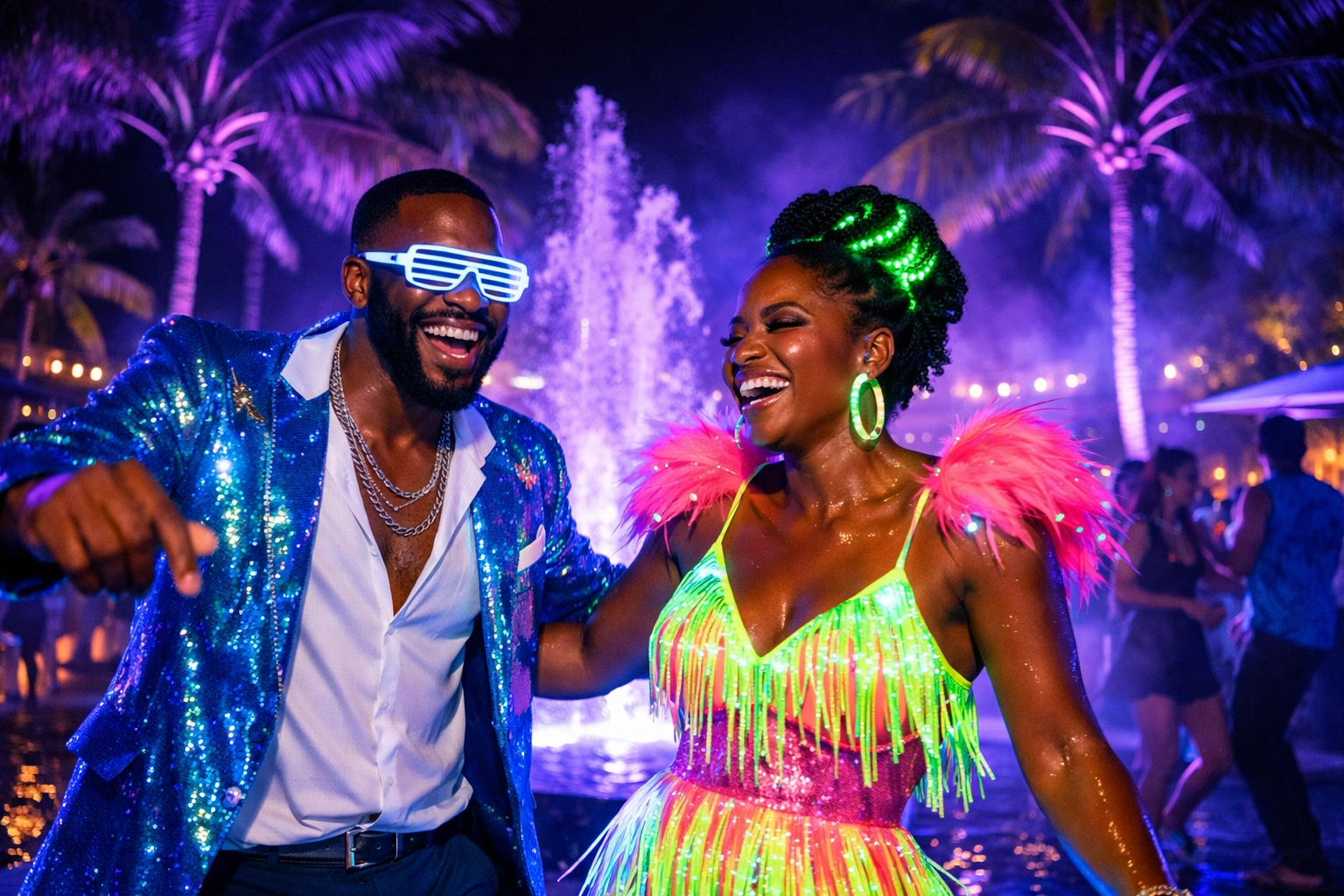 Couple wearing neon outfits for a theme night at a lifestyle resort party.