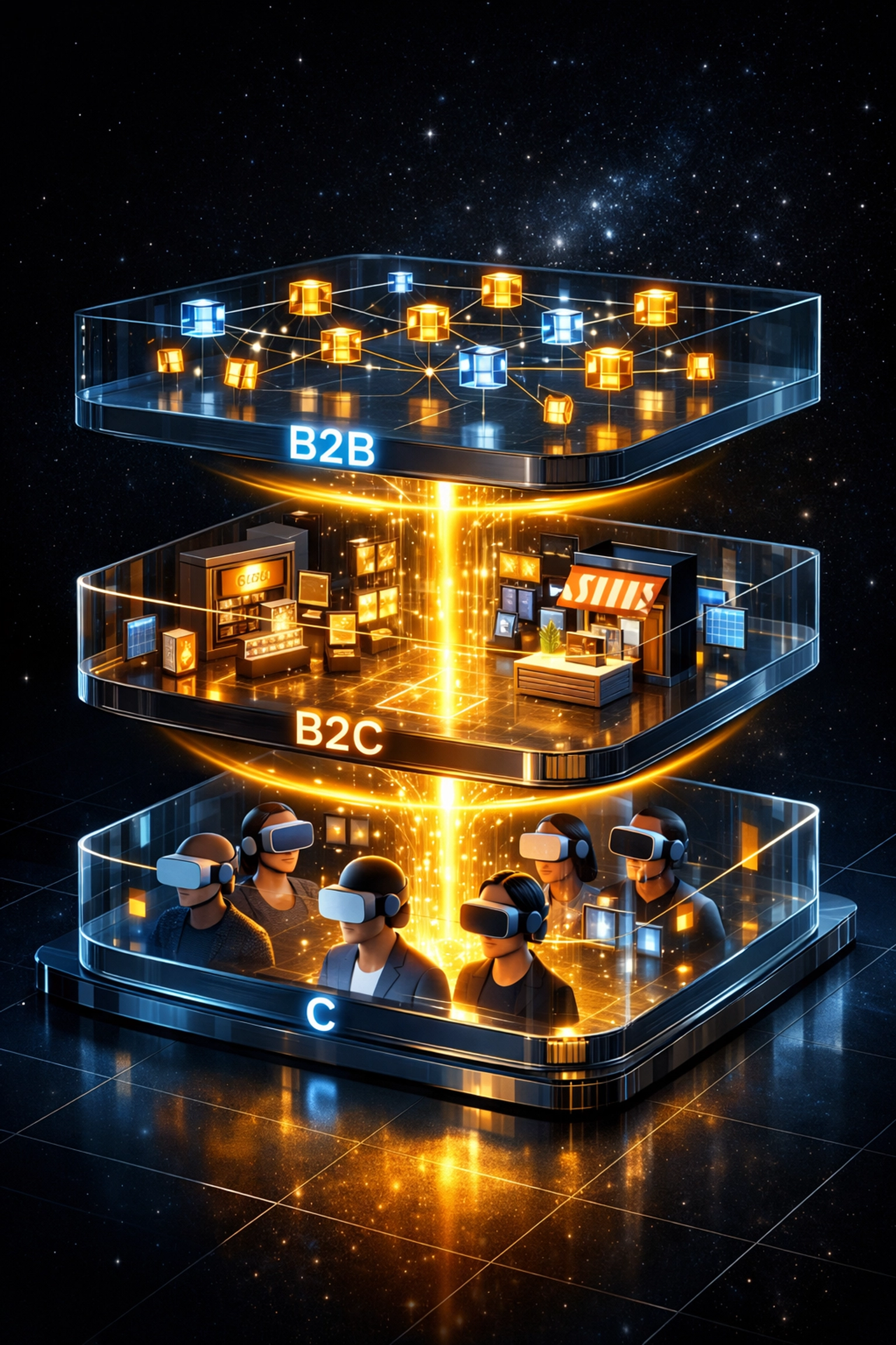 B2B2C commerce model visualization showing consumers, merchants, and blockchain payment layers