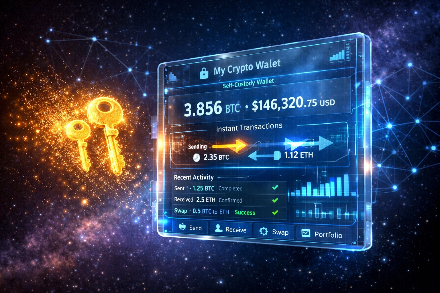 Self-custody merchant wallet with digital keys representing crypto payment control